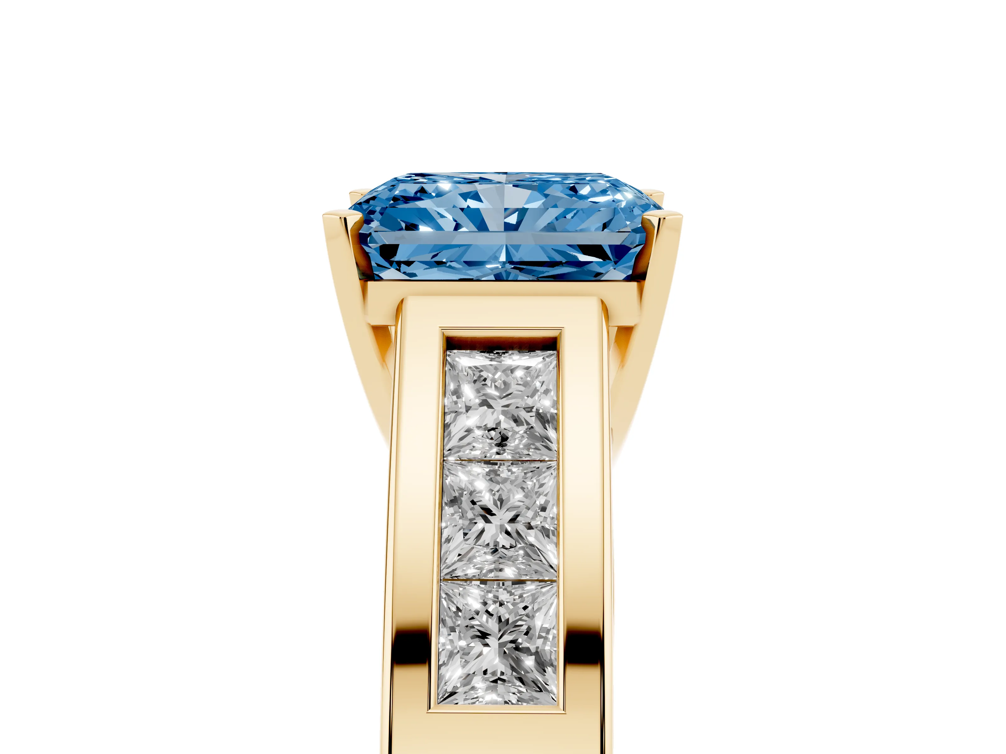 Fancy Blue Radiant Cut Diamond Solitaire Ring Set in Yellow gold with Channel-Set Accent Stones and Prong Setting