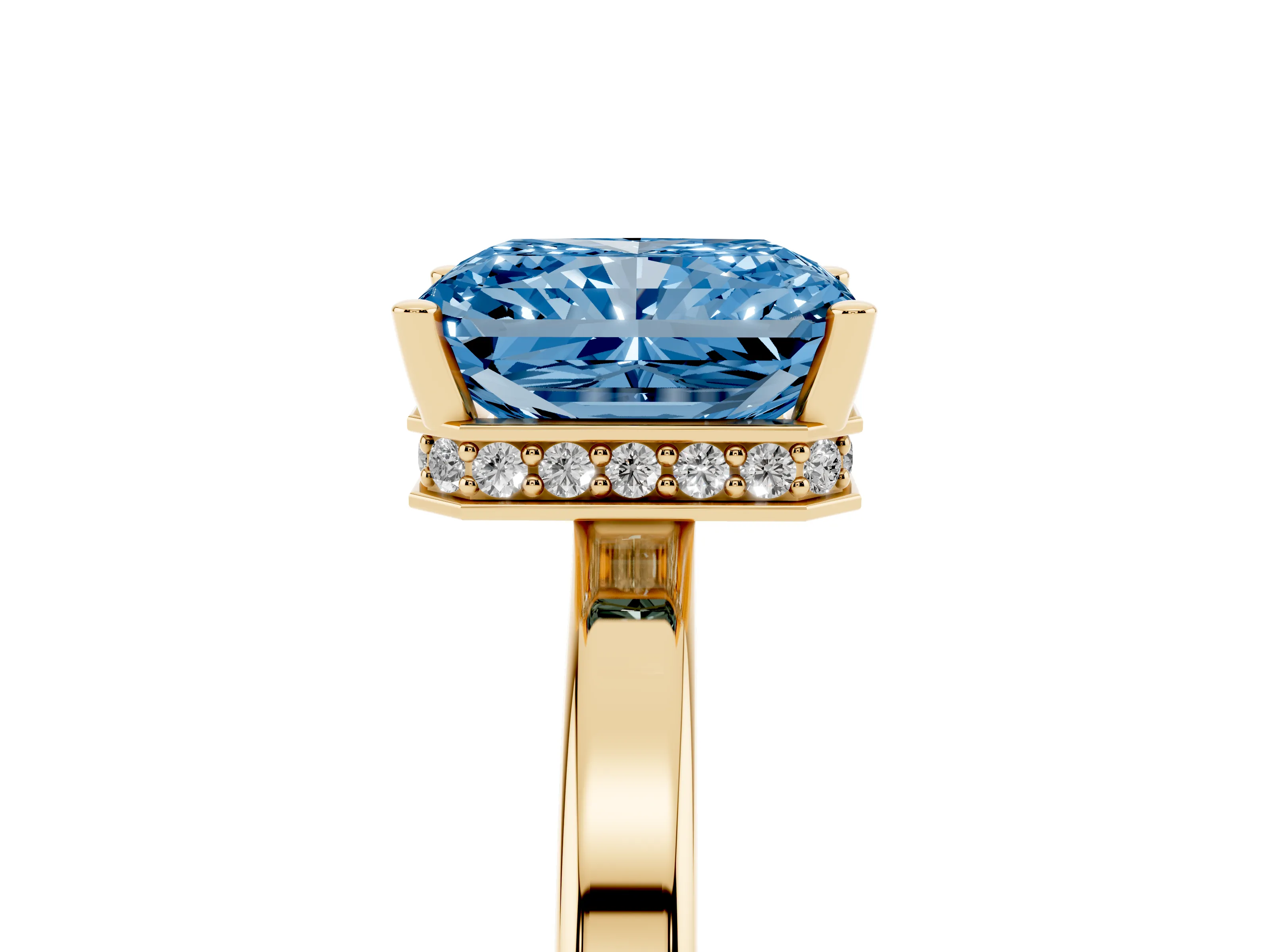 Fancy Blue Radiant Cut Diamond Solitaire Engagement Ring Set in Yellow gold with Prong Setting on a Plain Band