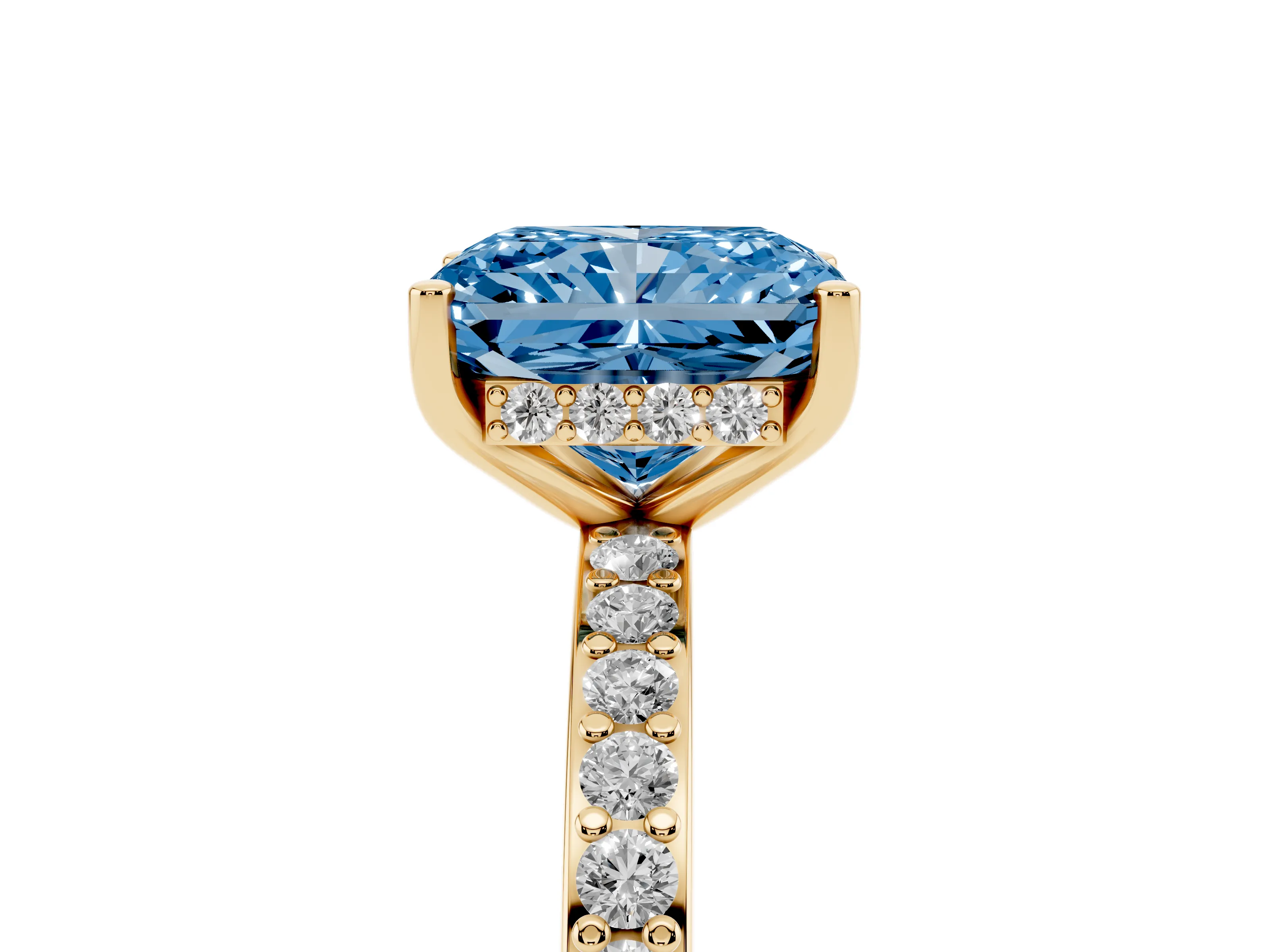 Fancy Blue Radiant Cut Diamond Pavé Band Ring Set in Yellow gold with Prong-Set Center Stone