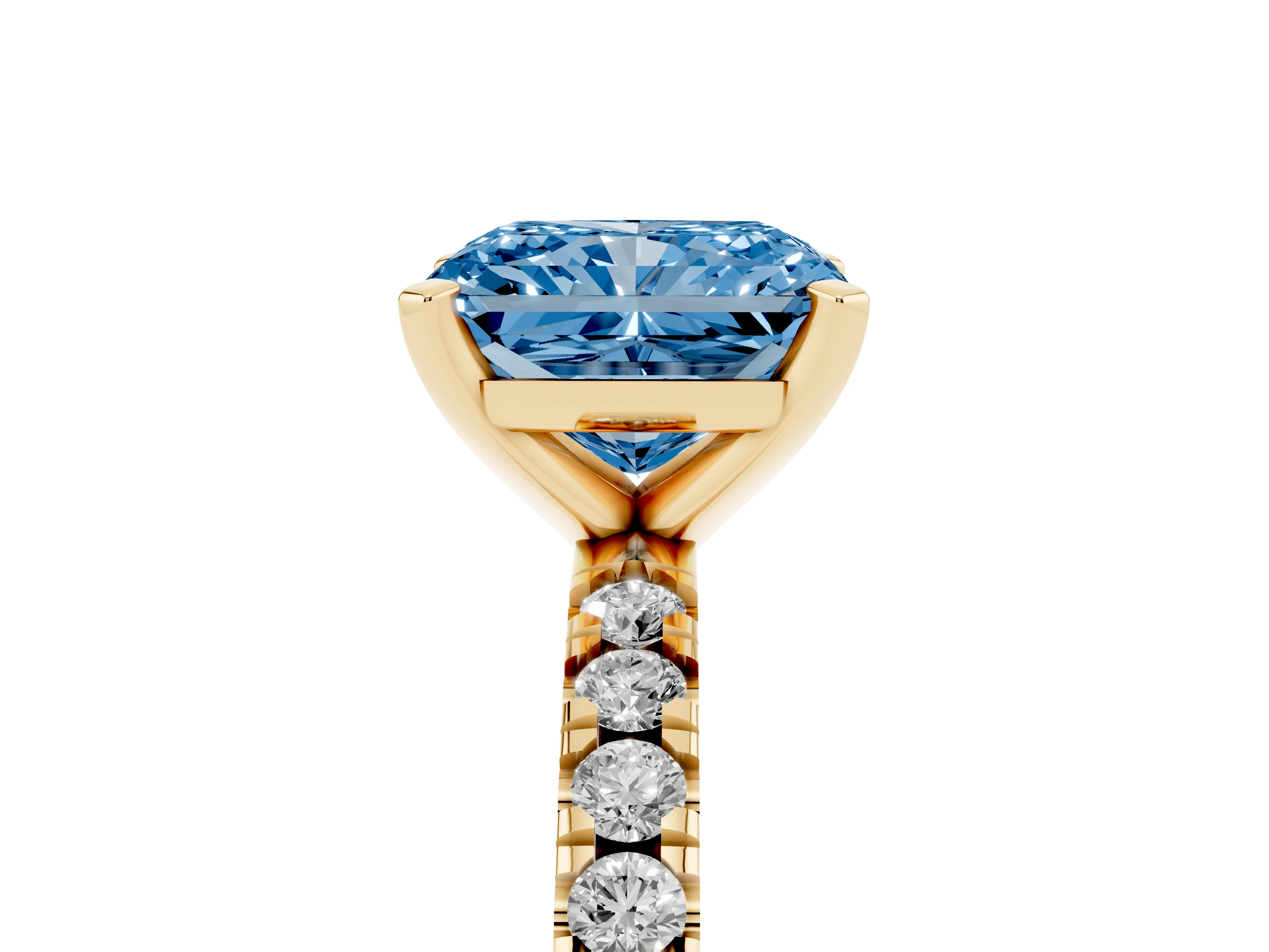 Fancy Blue Radiant Cut Diamond Pavé Band Solitaire Set in Yellow gold with Prong Setting