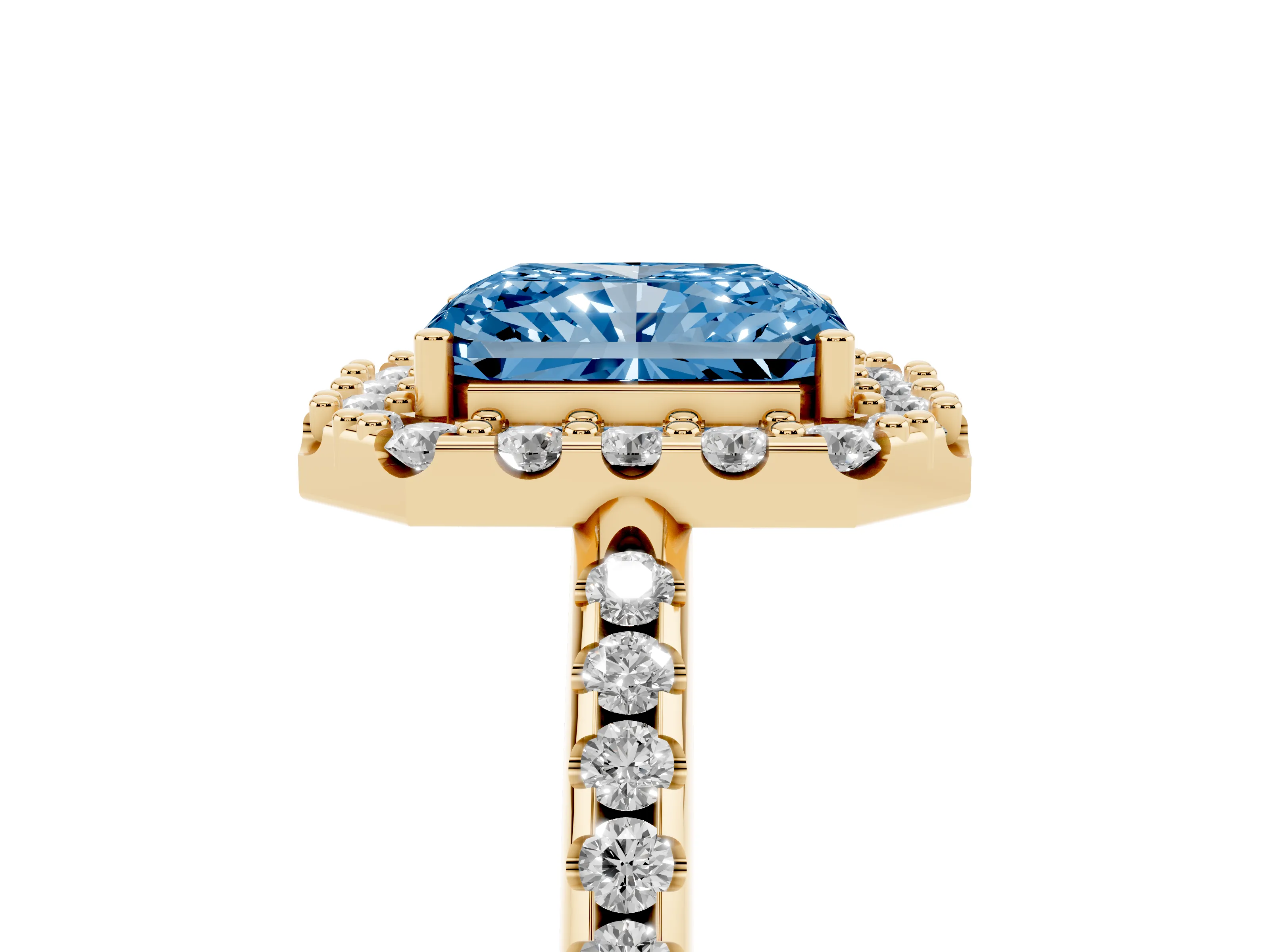 Fancy Blue Radiant Cut Diamond Pavé Halo Ring Set in Yellow gold with Prong Setting