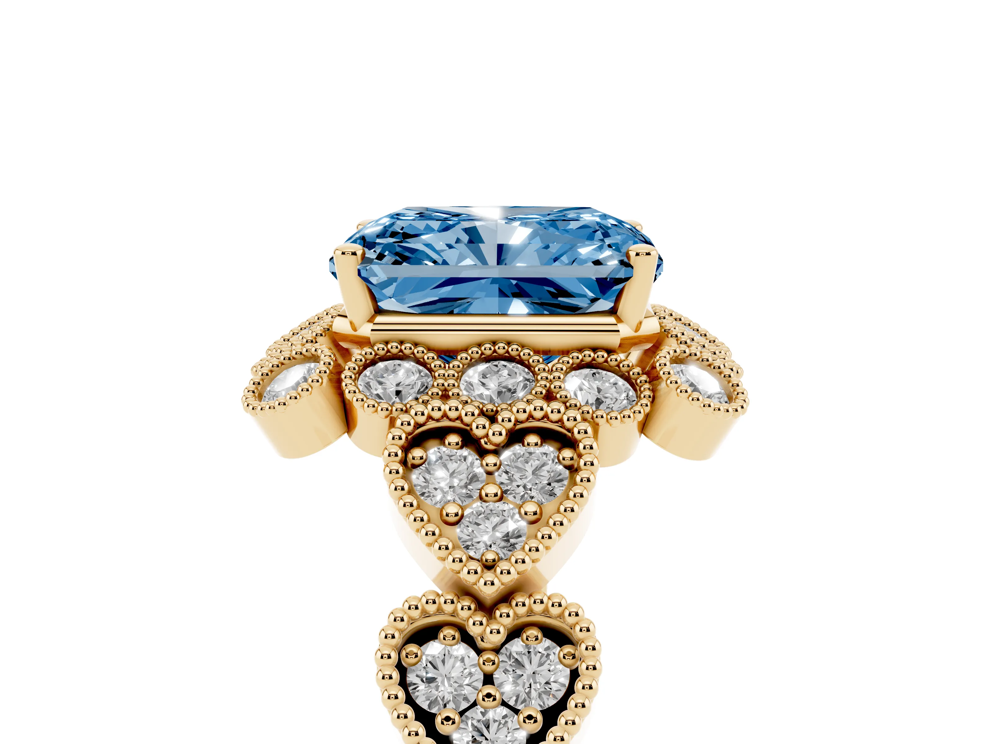 Fancy Blue Radiant Cut Diamond Solitaire Ring Set in Yellow gold with Milgrain Pavé Heart Band