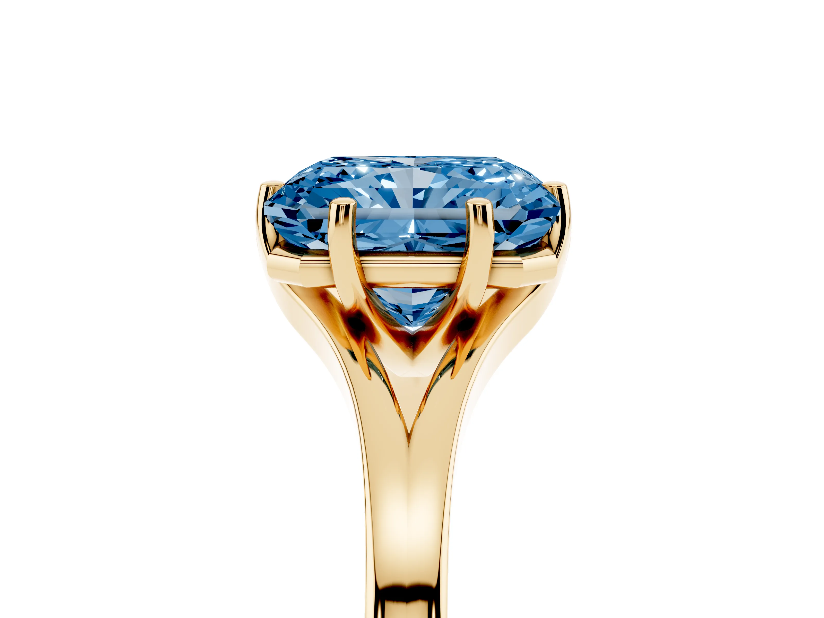 Fancy Blue Radiant Cut Diamond Solitaire Ring Set in Yellow gold with Polished Tapered Band and Prong Setting