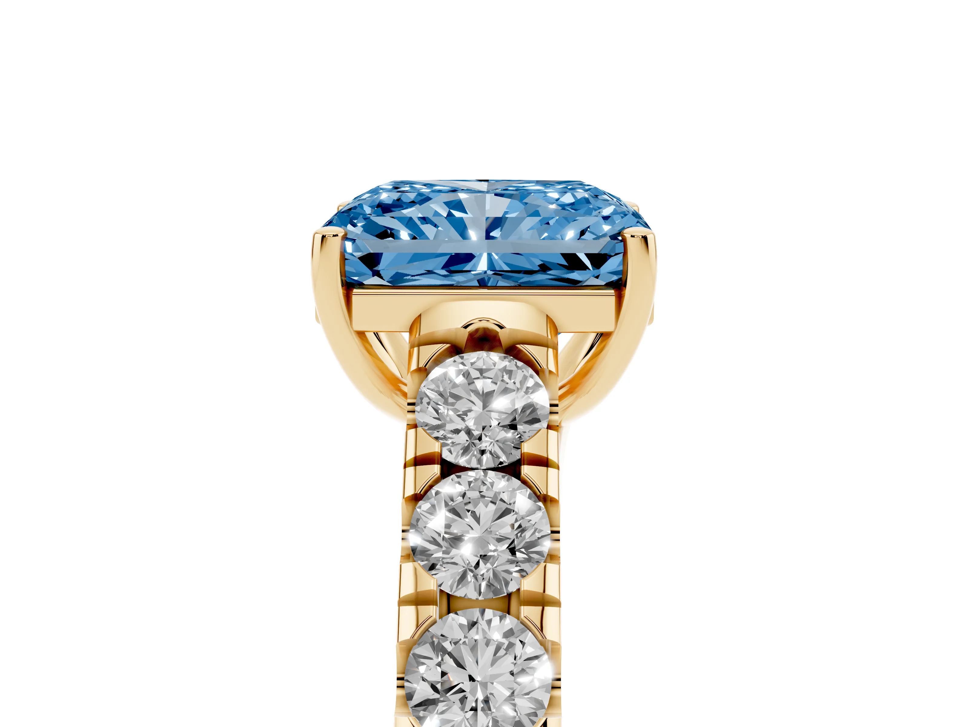 Fancy Blue Radiant Cut Diamond Solitaire Ring Set in Yellow gold with Cut-Down Micro Pavé Band and Prong Setting