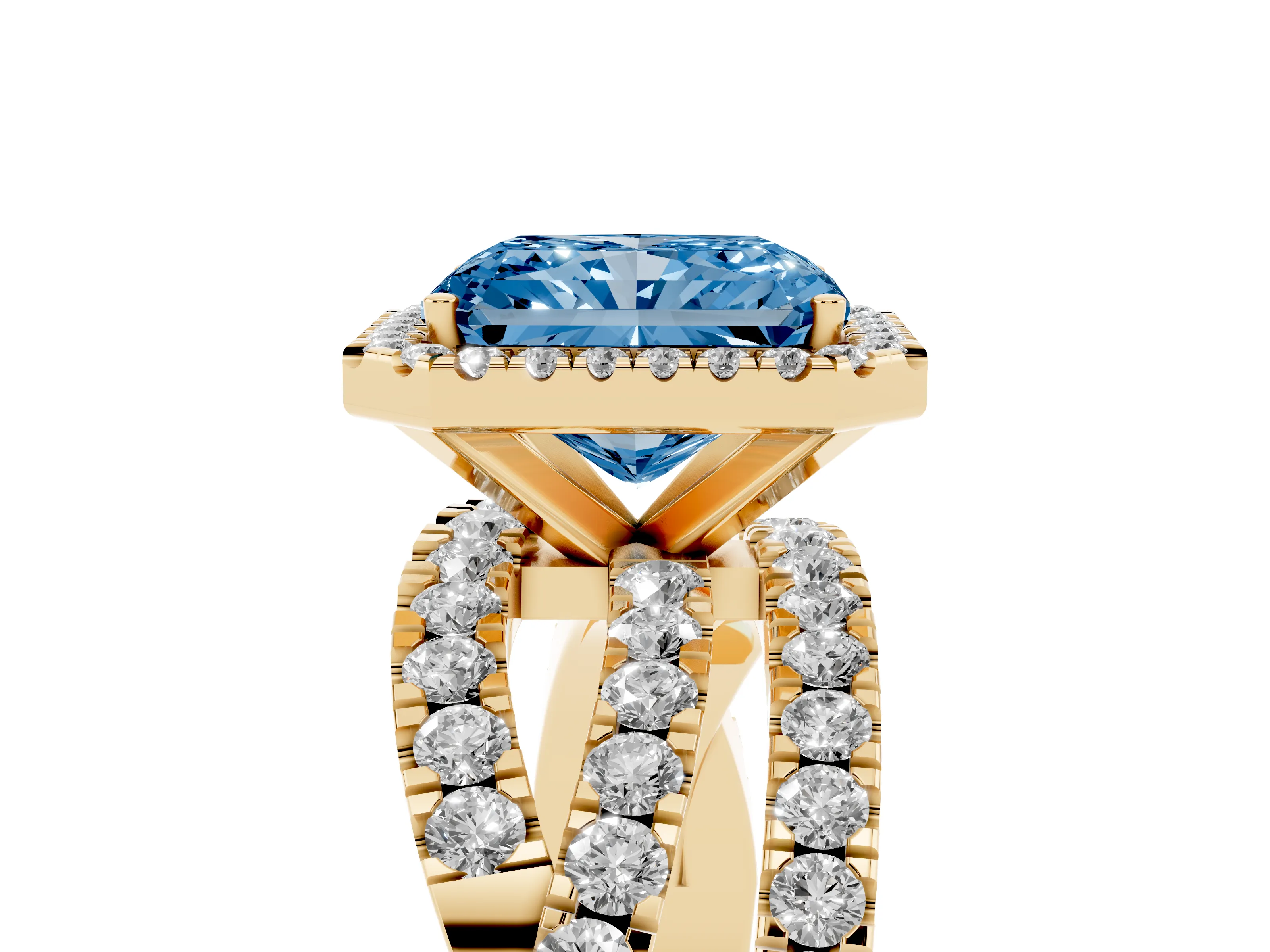 Fancy Blue Radiant Cut Diamond Halo Ring Set in Yellow gold with Round Crossover Split Shank and Prong Setting