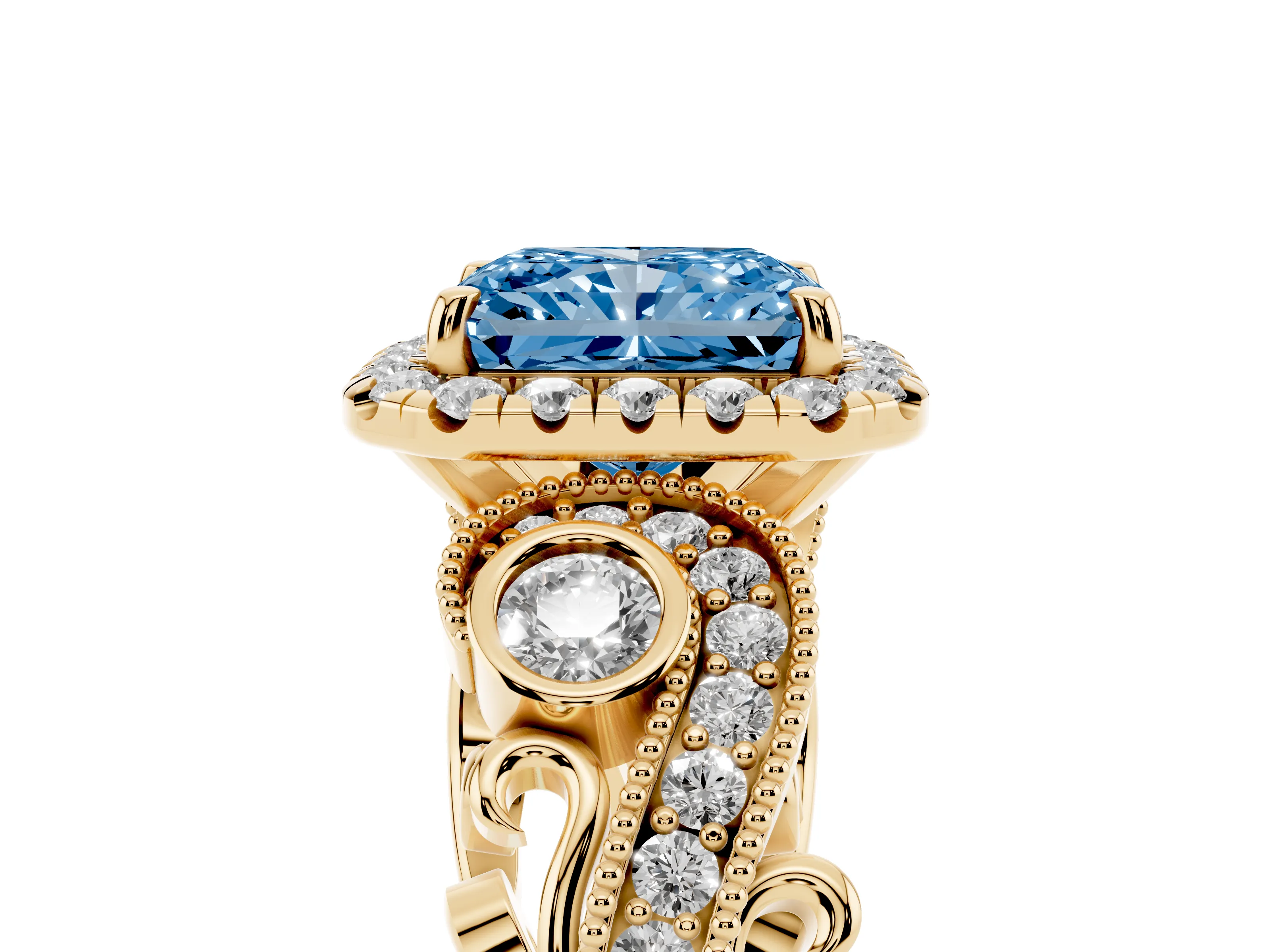 Fancy Blue Radiant Cut Diamond Halo Ring Set in Yellow gold with Milgrain Pavé Band and Prong Setting