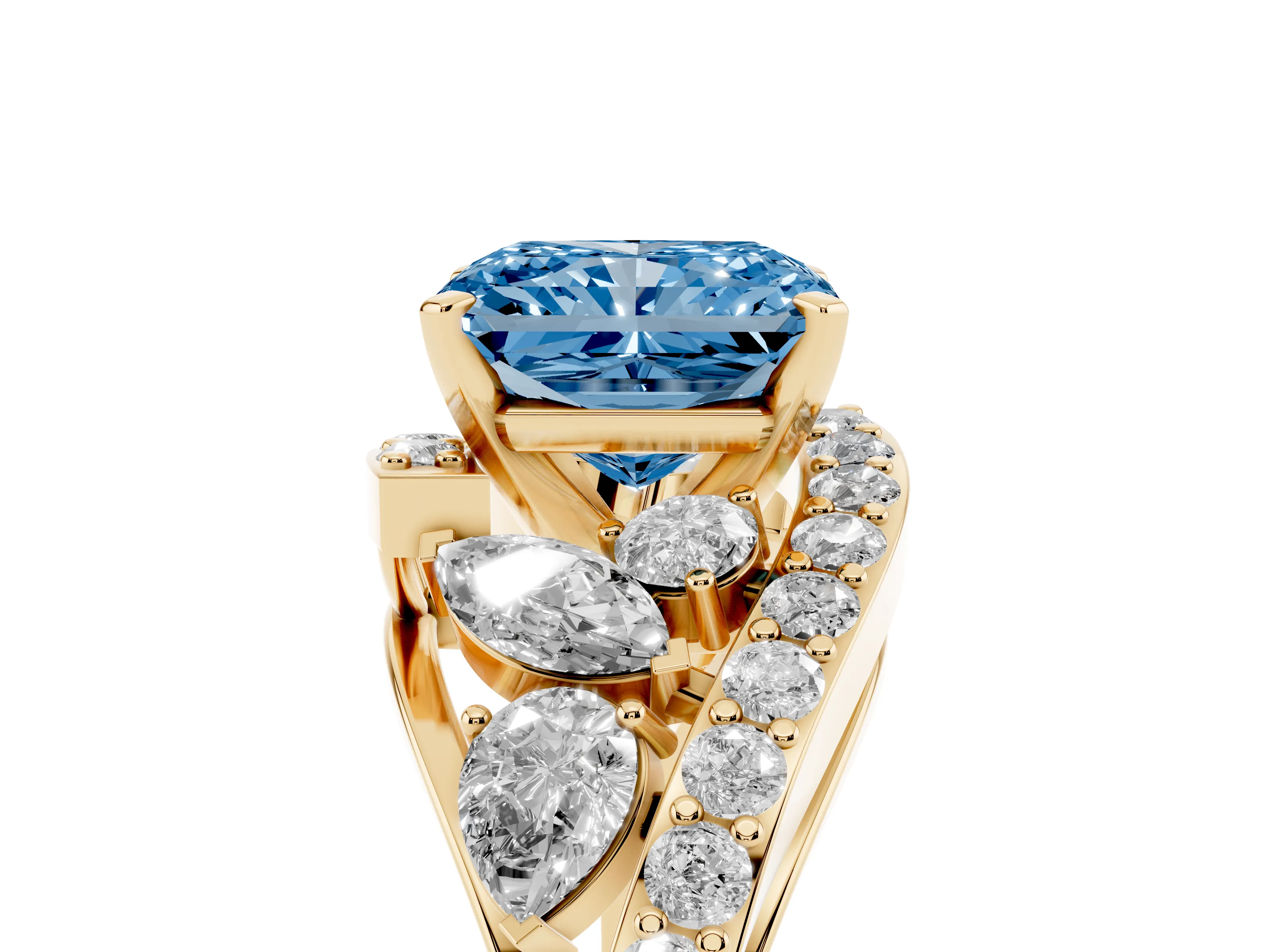 Fancy Blue Radiant Cut Diamond Halo Ring Set in Yellow gold with Marquise and Pavé Band in Prong Setting