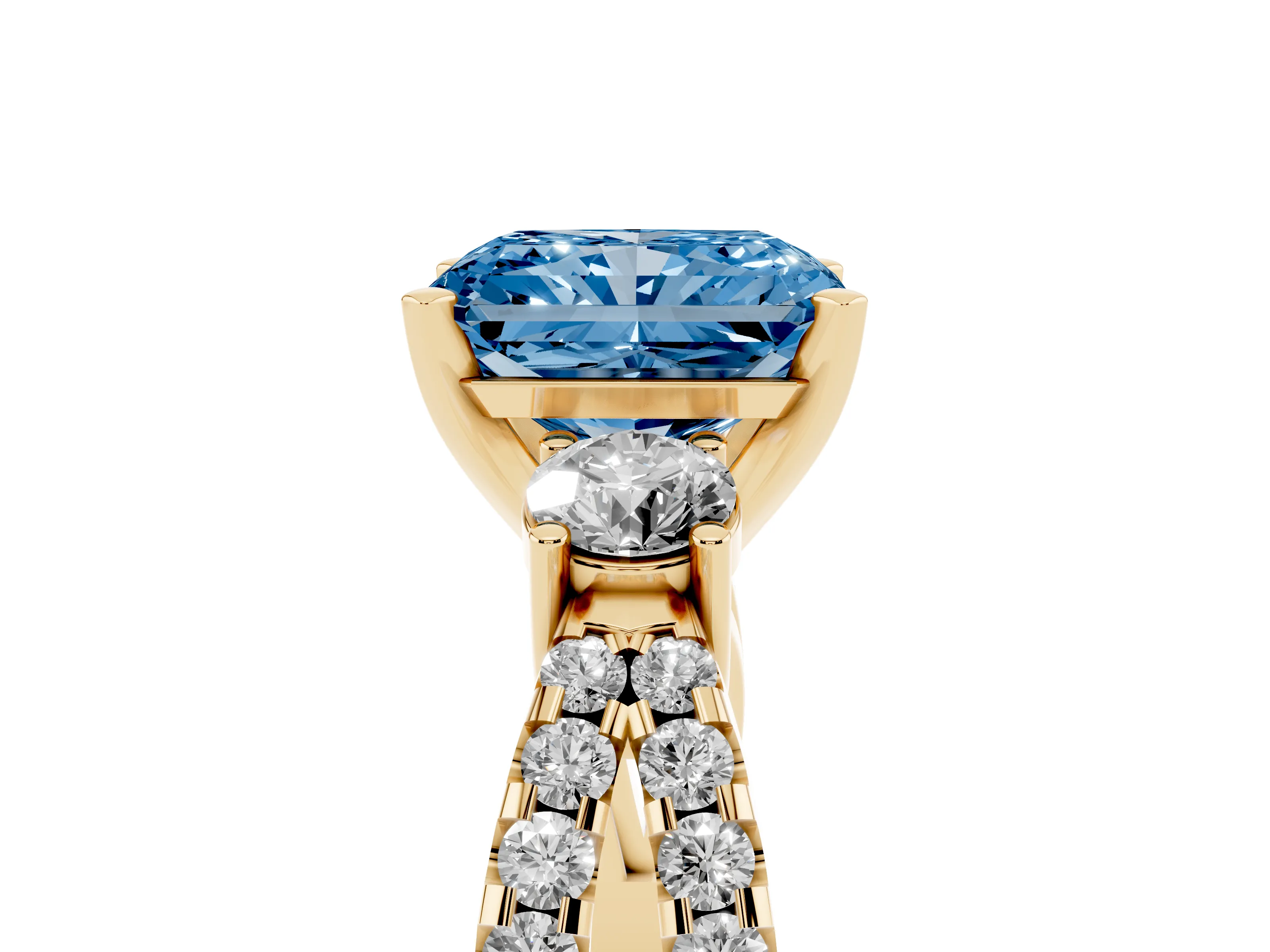 Fancy Blue Radiant Cut Diamond Three-Stone Ring Set in Yellow gold with Pavé Split Shank and Prong Setting