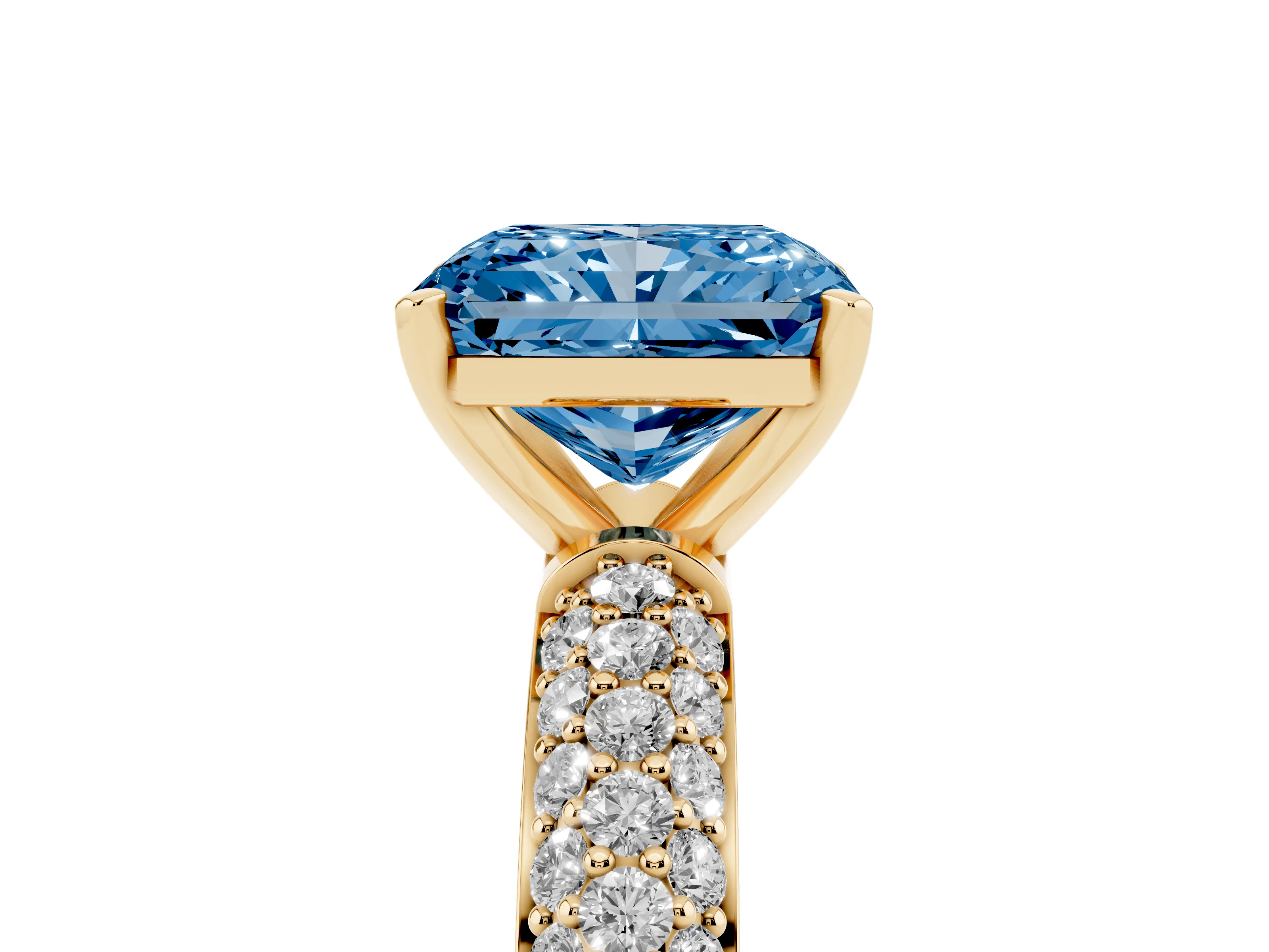 Fancy Blue Radiant Cut Diamond Solitaire Ring Set in Yellow gold with Prong Setting and Pavé-Set Band