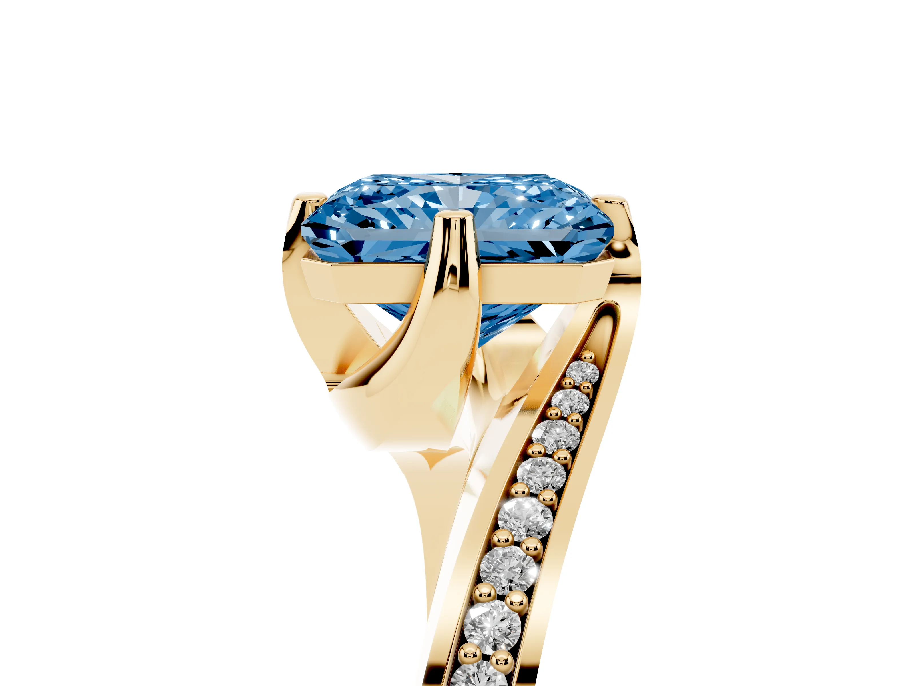 Fancy Blue Radiant Cut Diamond Solitaire Ring Set in Yellow gold with Intertwined Pavé Twist Band