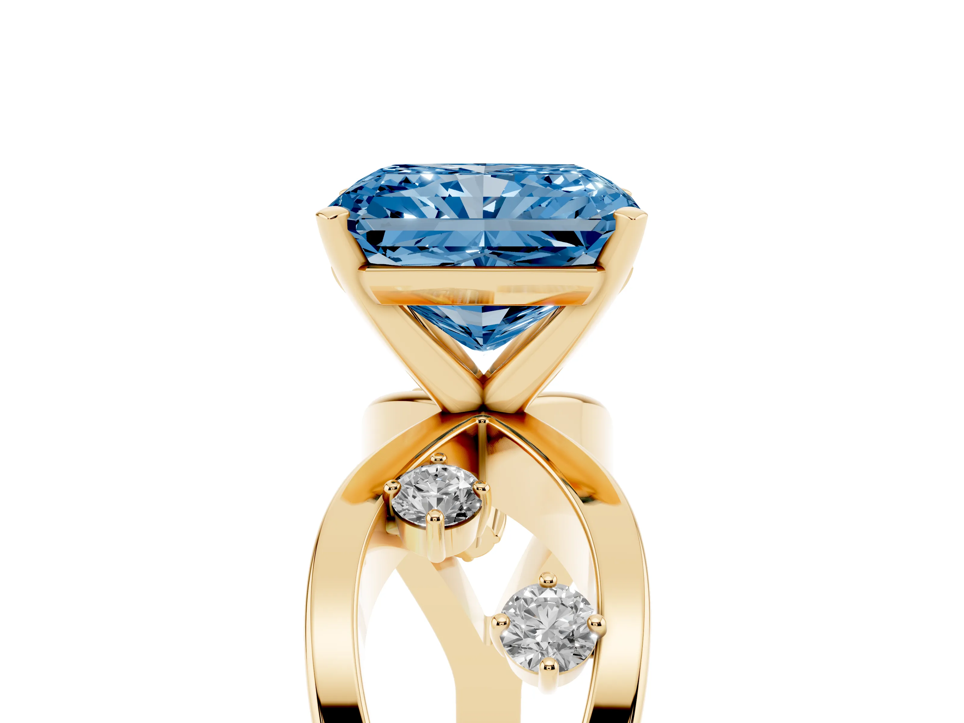 Fancy Blue Radiant Cut Diamond Solitaire Ring Set in Yellow gold with Side Stones on Criss-Cross Band and Prong Setting