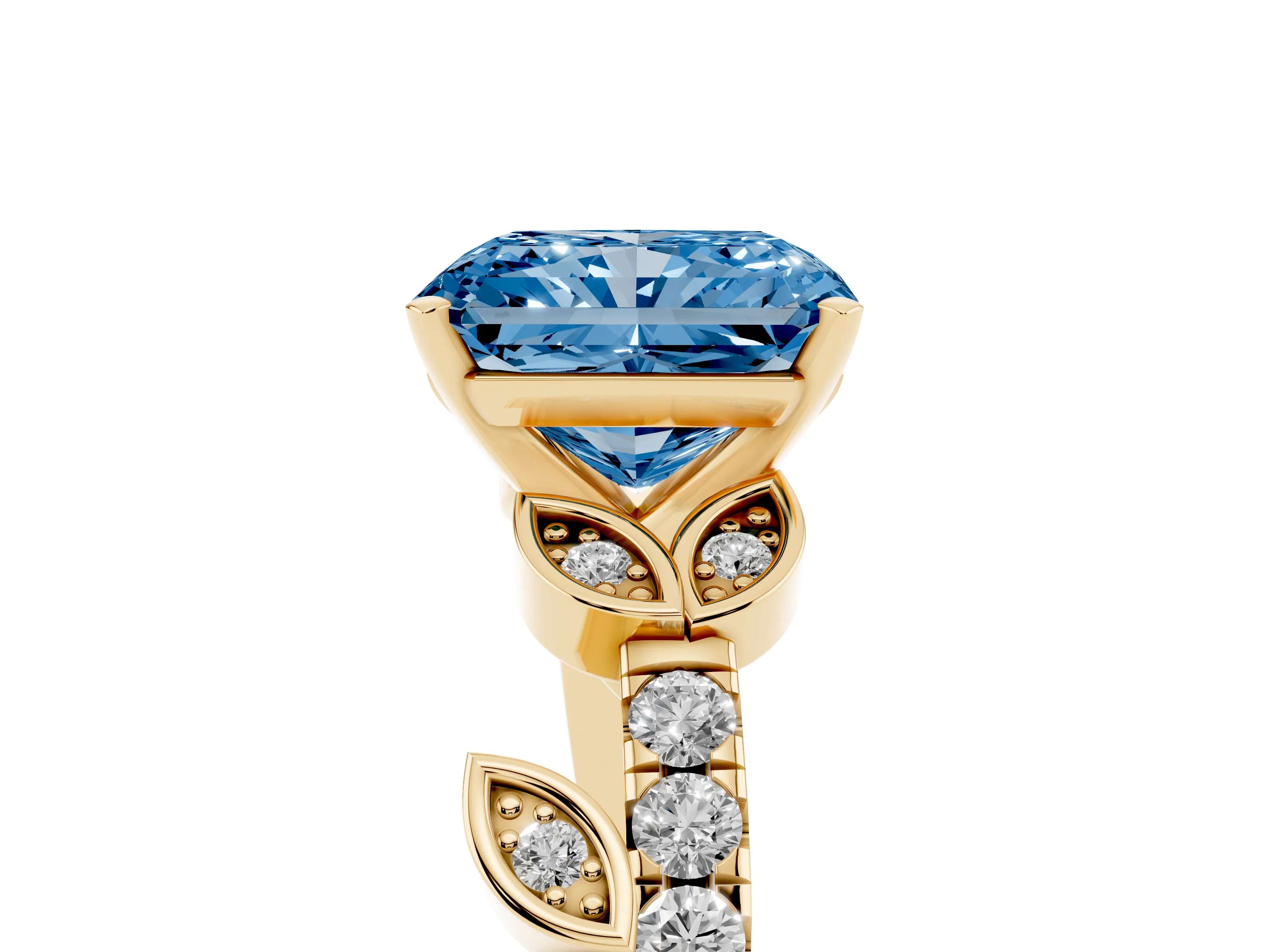 Fancy Blue Radiant Cut Diamond Solitaire Leaf-Inspired Ring Set in Yellow gold with Pavé Band and Prong Setting