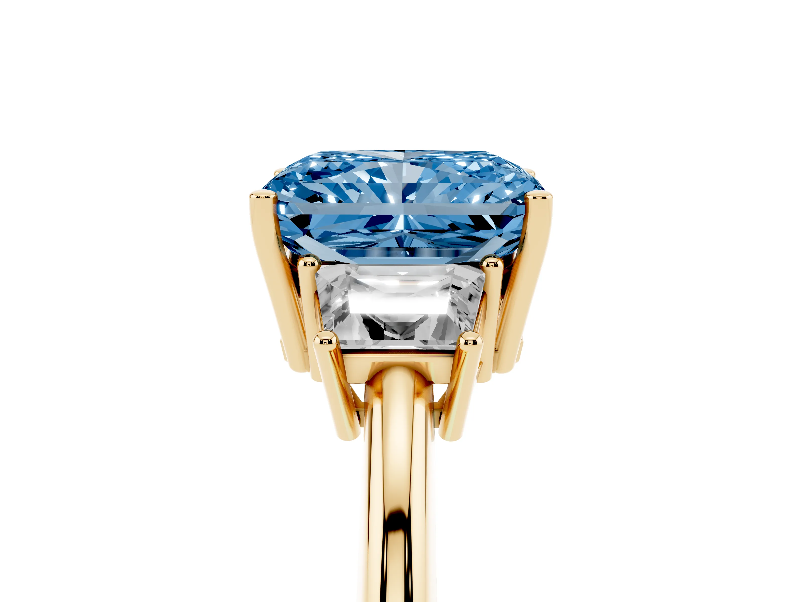 Fancy Blue Radiant Cut Diamond Three-Stone Ring Set in Yellow gold with Trapezoid Side Stones and Prong Setting