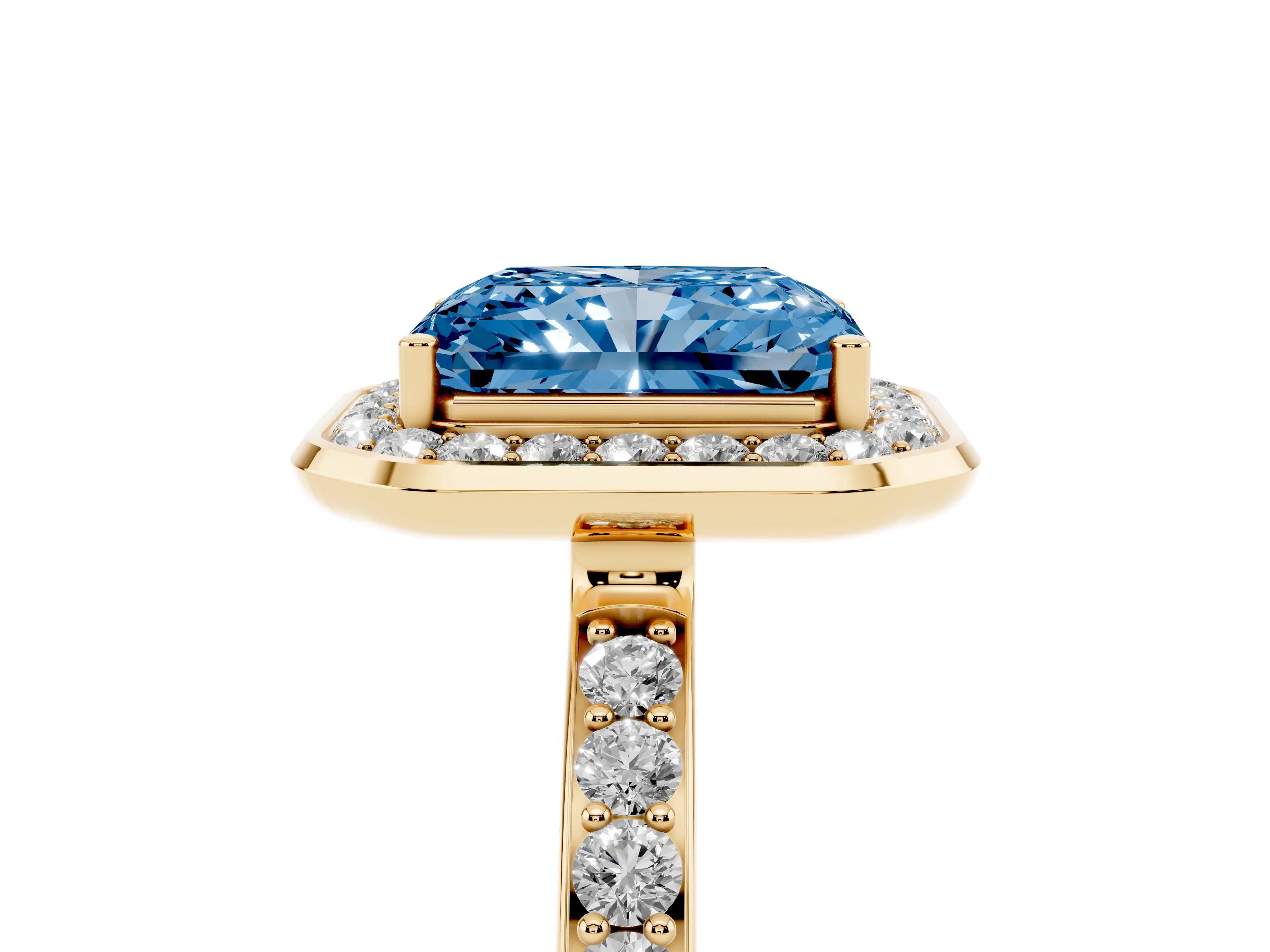 Fancy Blue Radiant Cut Diamond Halo Ring Set in Yellow gold with Bezel Frame and Pavé Band
