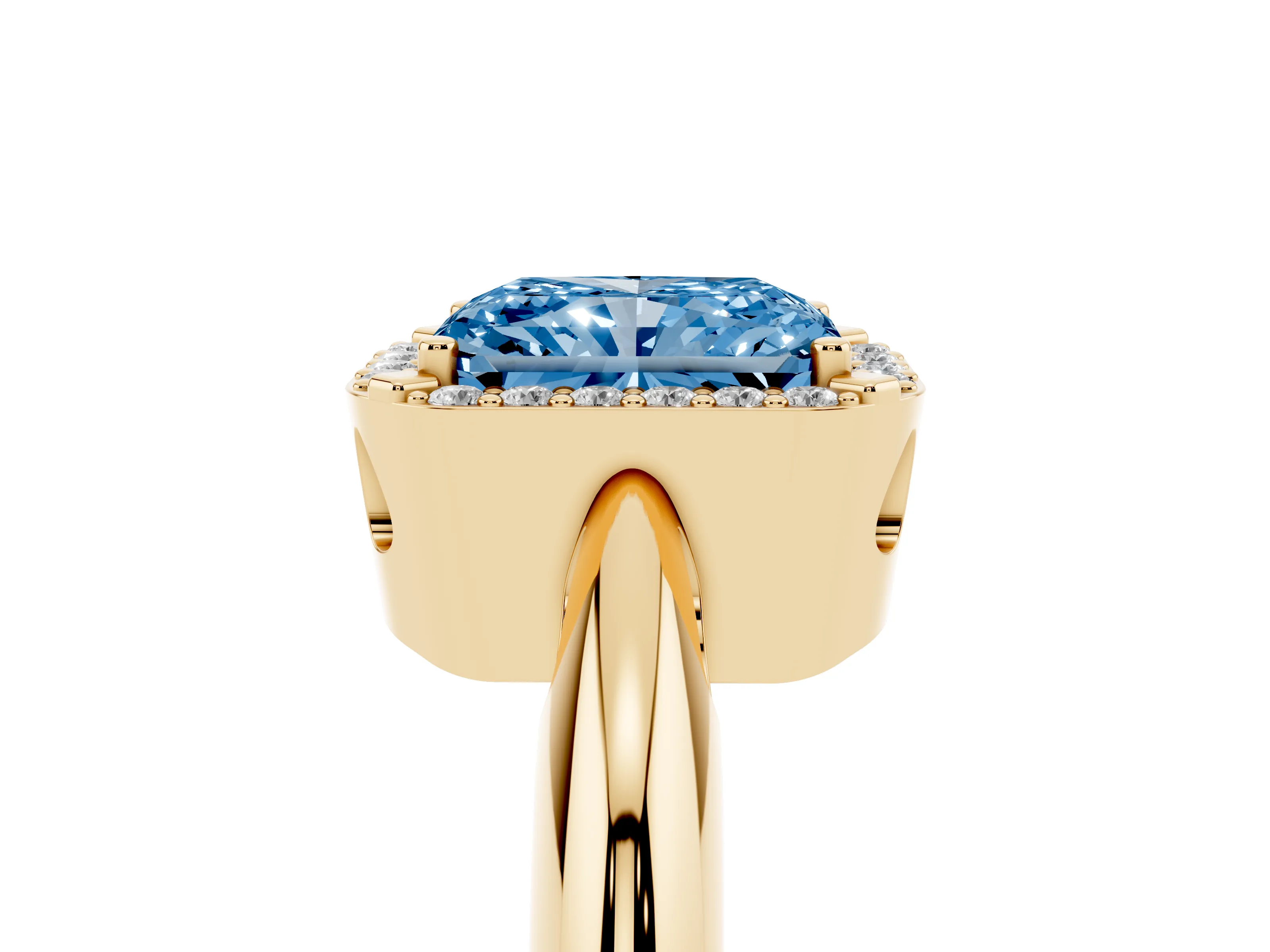 Fancy Blue Radiant Cut Diamond Halo Engagement Ring Set in Yellow gold with Plain Split Shank and Prong Setting