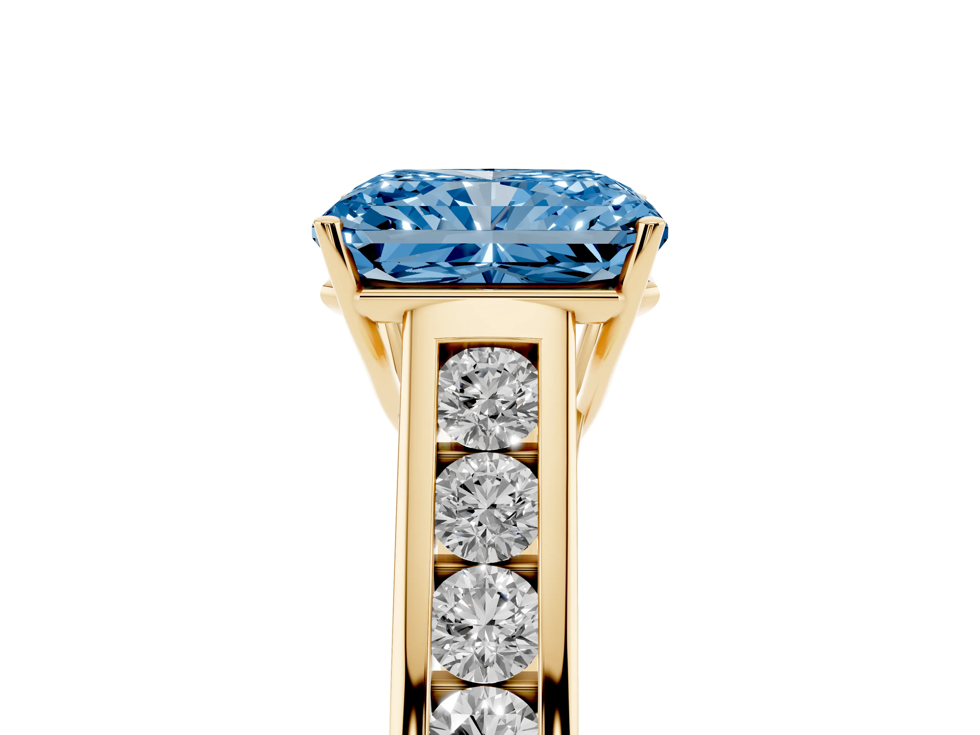 Fancy Blue Radiant Cut Diamond Brilliant Channel-Set Solitaire Ring Set in Yellow gold with Prong Setting