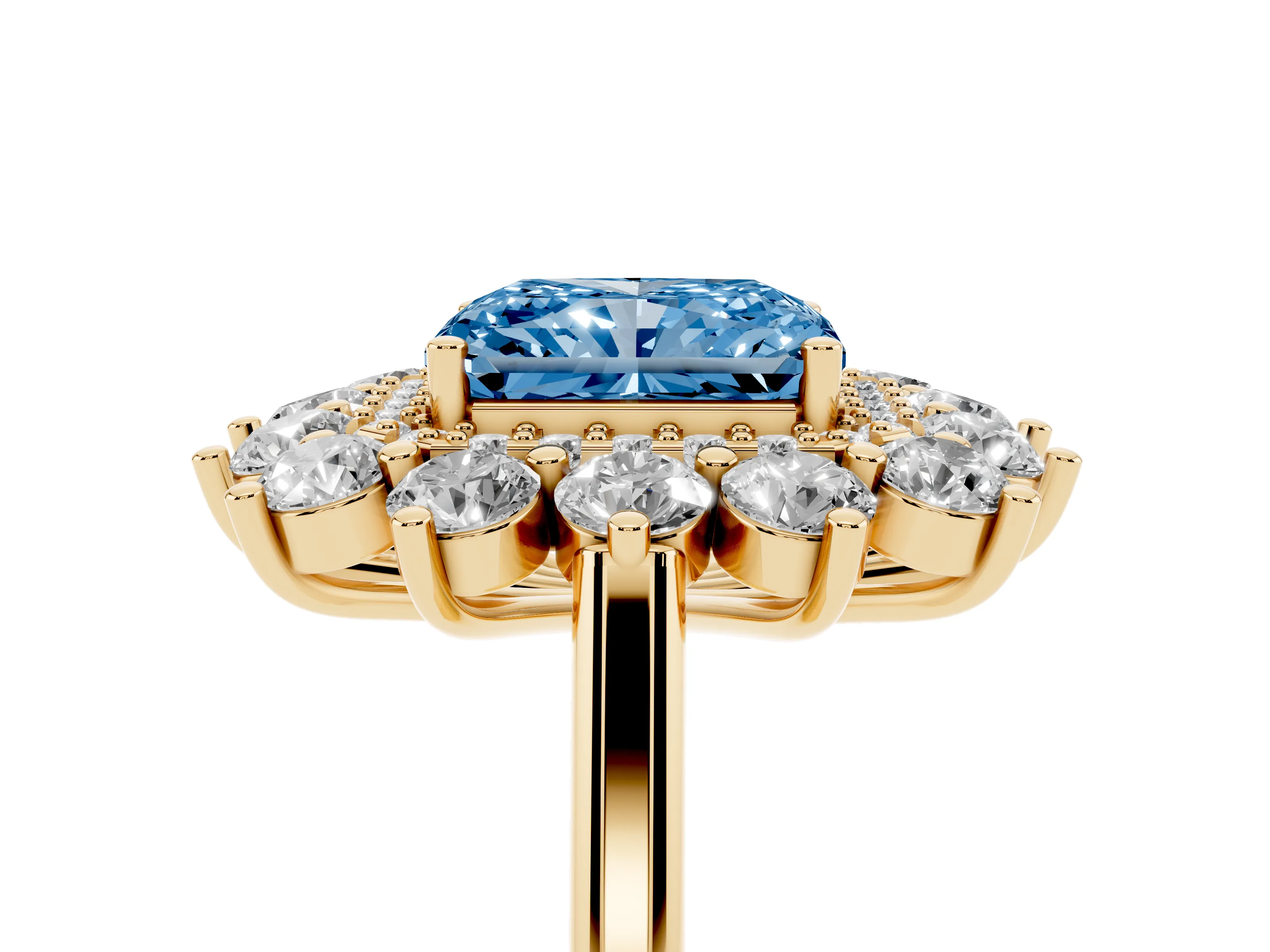 Fancy Blue Radiant Cut Diamond Floral Double Halo Ring Set in Yellow gold with Round Petals