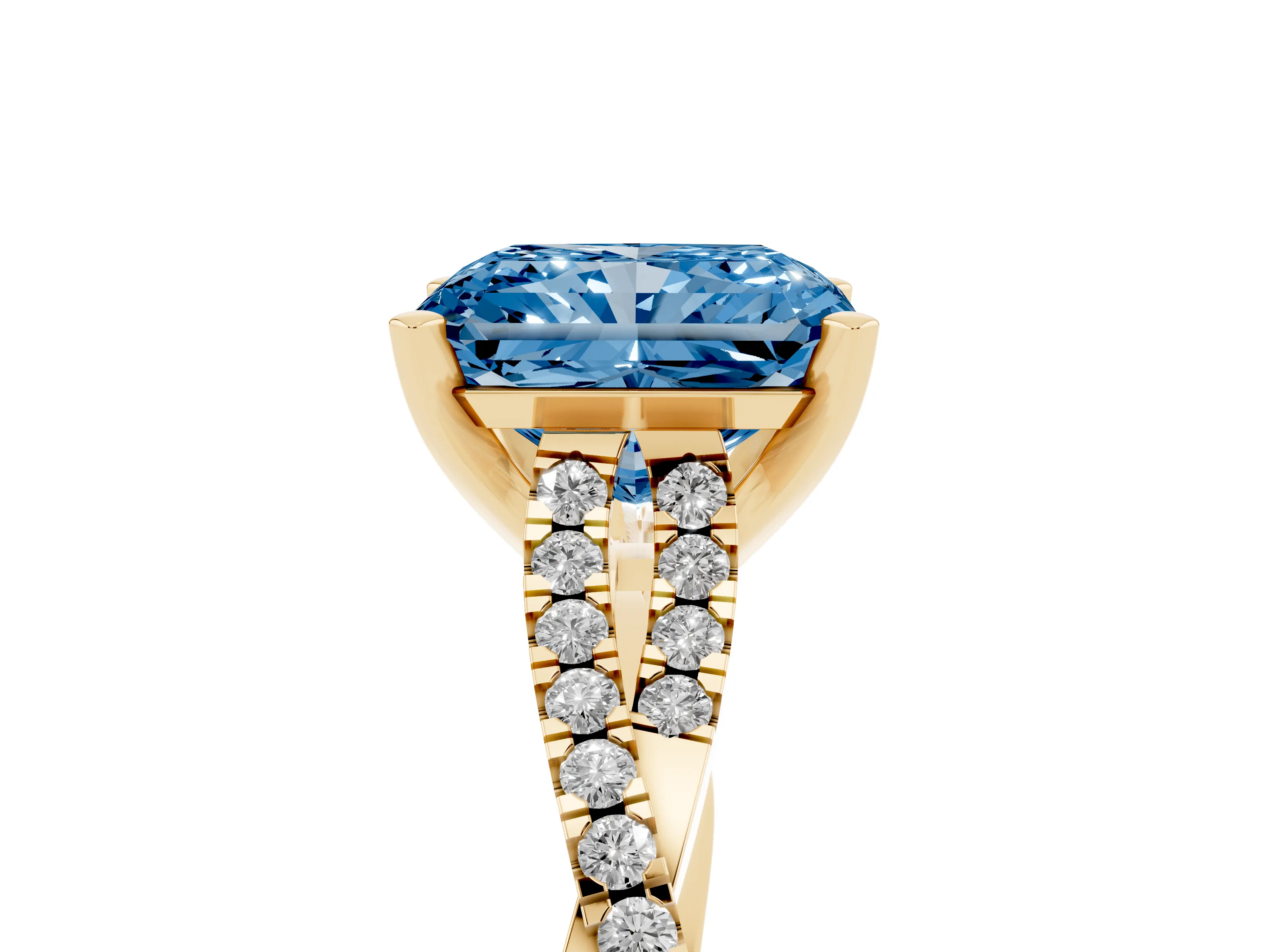 Fancy Blue Radiant Cut Diamond Solitaire Engagement Ring Set in Yellow gold with Twisted Pavé Band and Prong Setting