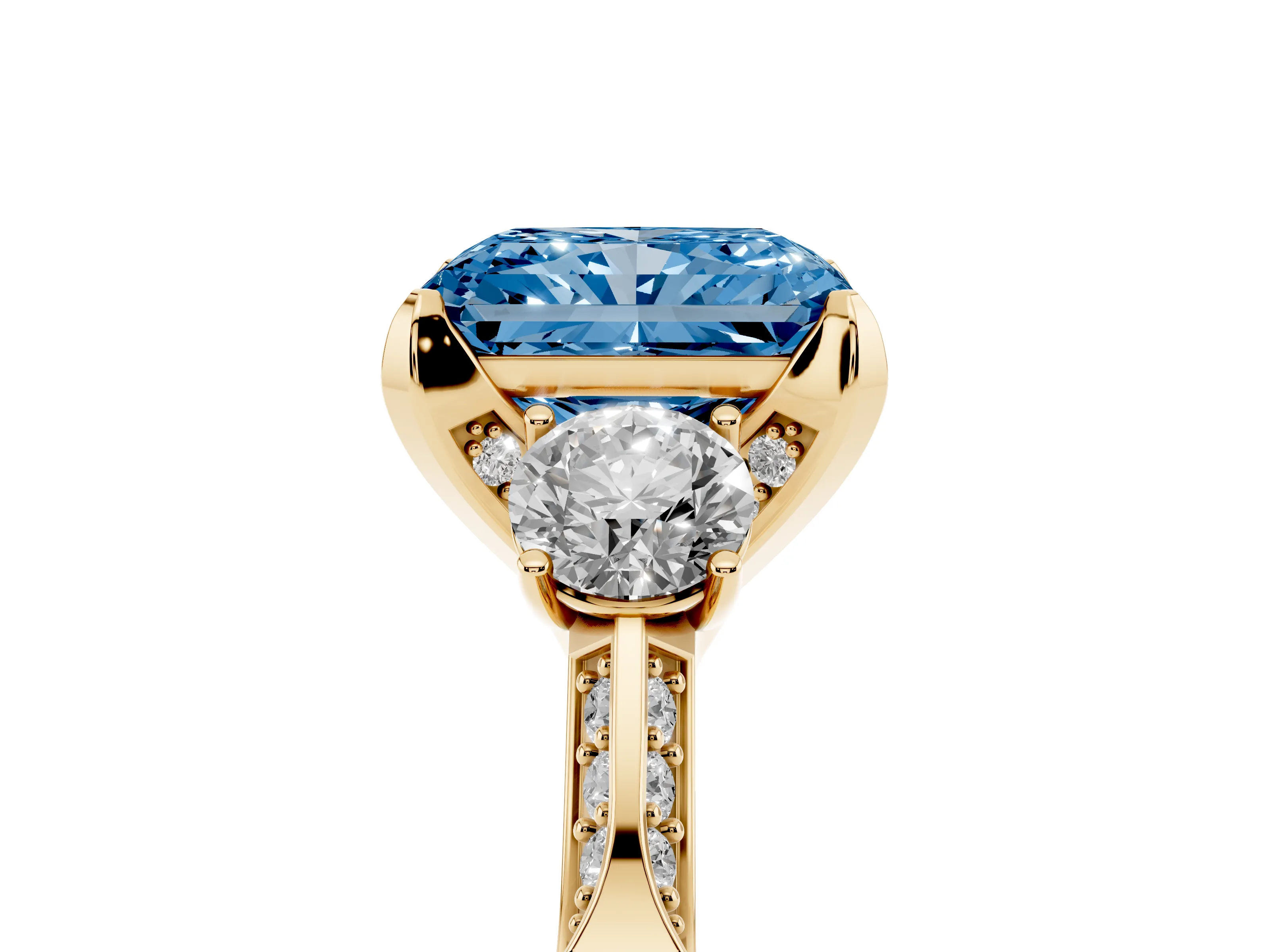 Fancy Blue Radiant Cut Diamond Three-Stone Ring Set in Yellow gold with Pavé Band and Smaller Side Stones