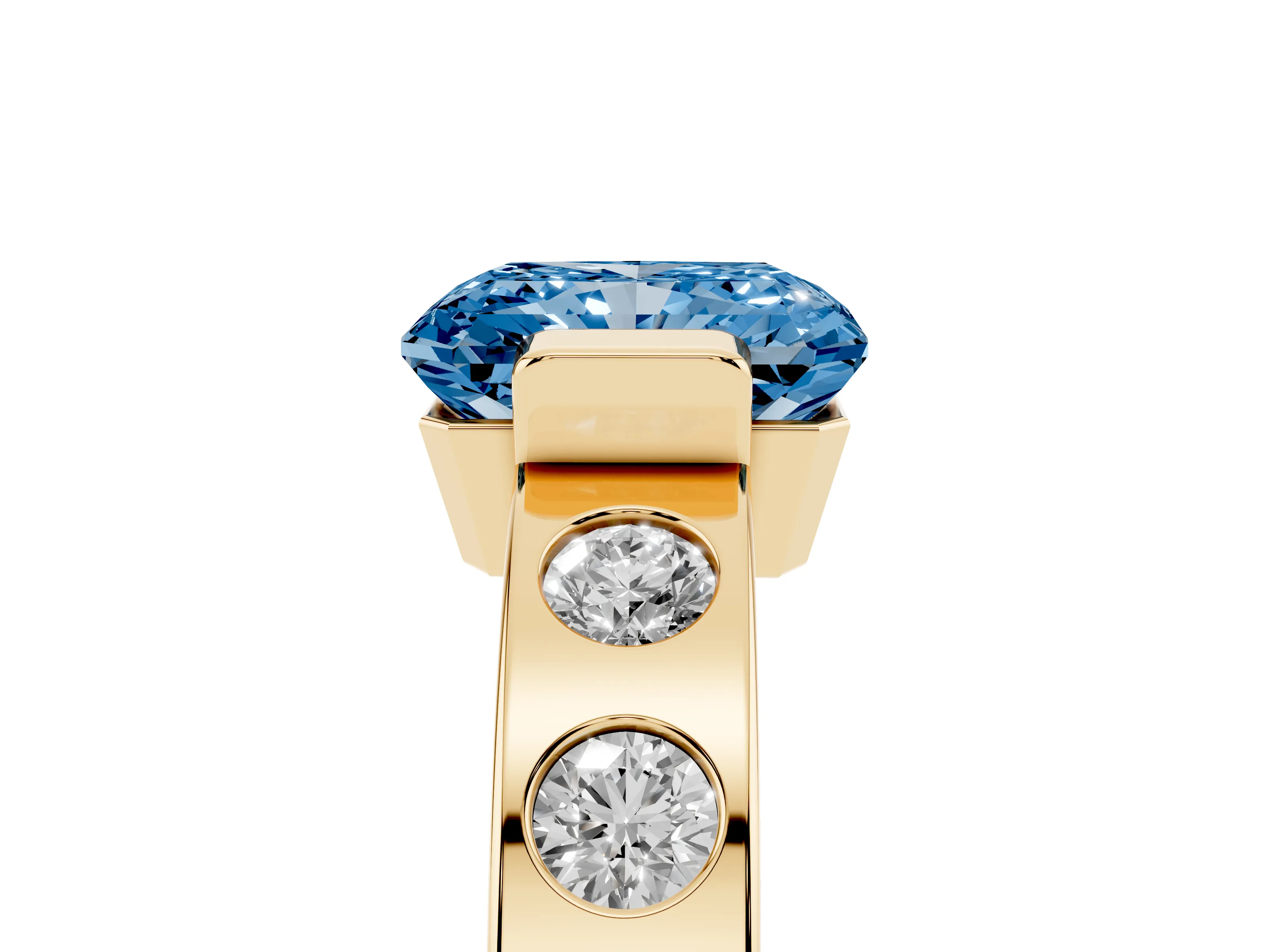 Fancy Blue Radiant Cut Diamond Channel-Set Band Ring Set in Yellow gold with Bezel Prong Setting