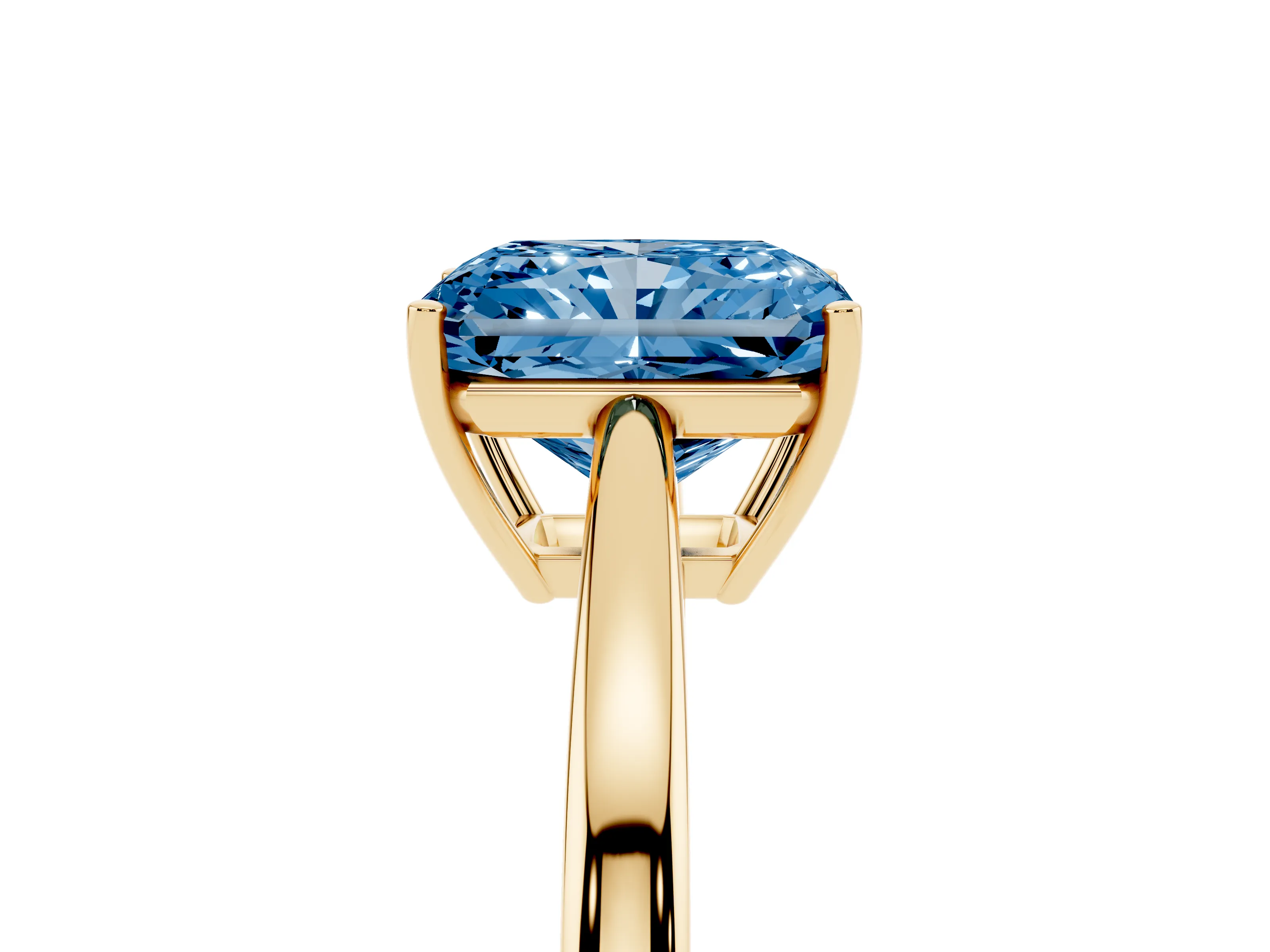 Fancy Blue Radiant Cut Diamond Solitaire Ring Set in Yellow gold with Split Shank and Prong Setting