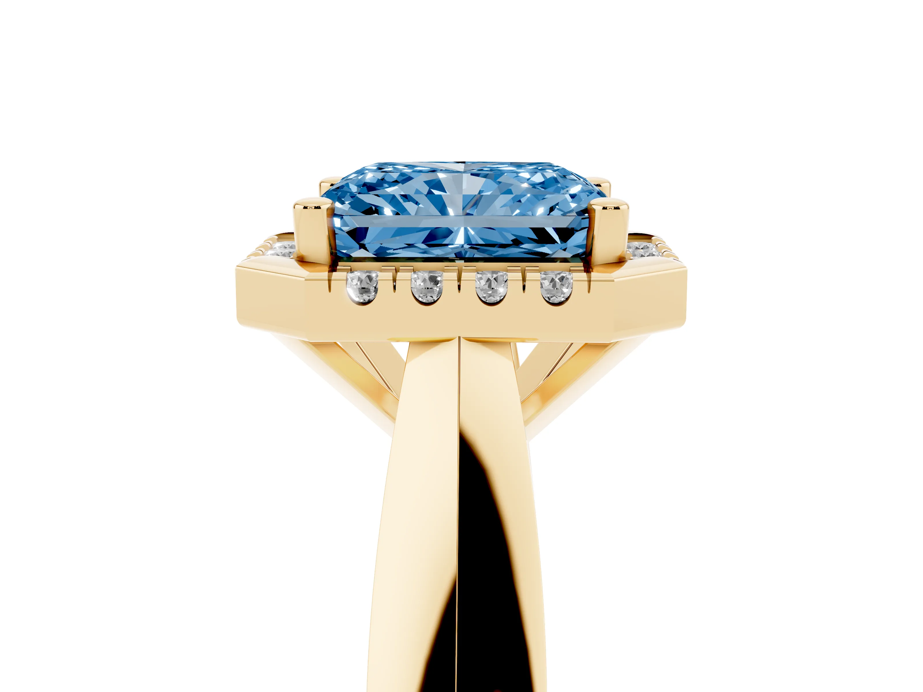 Fancy Blue Radiant Cut Diamond Halo Solitaire Engagement Ring Set in Yellow gold with Square Band and Prong Setting