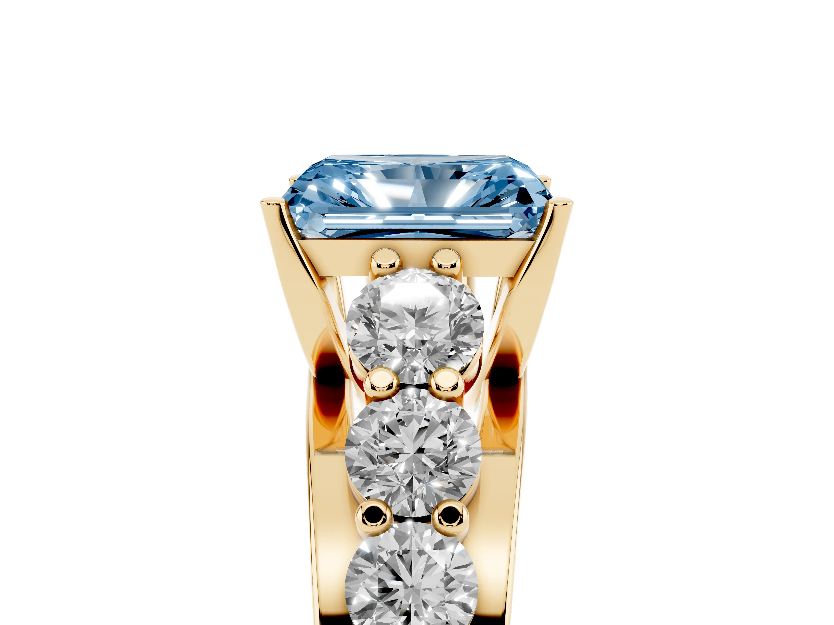 Fancy Blue Radiant Cut Diamond Pavé Engagement Ring Set in Yellow gold with Prong Setting