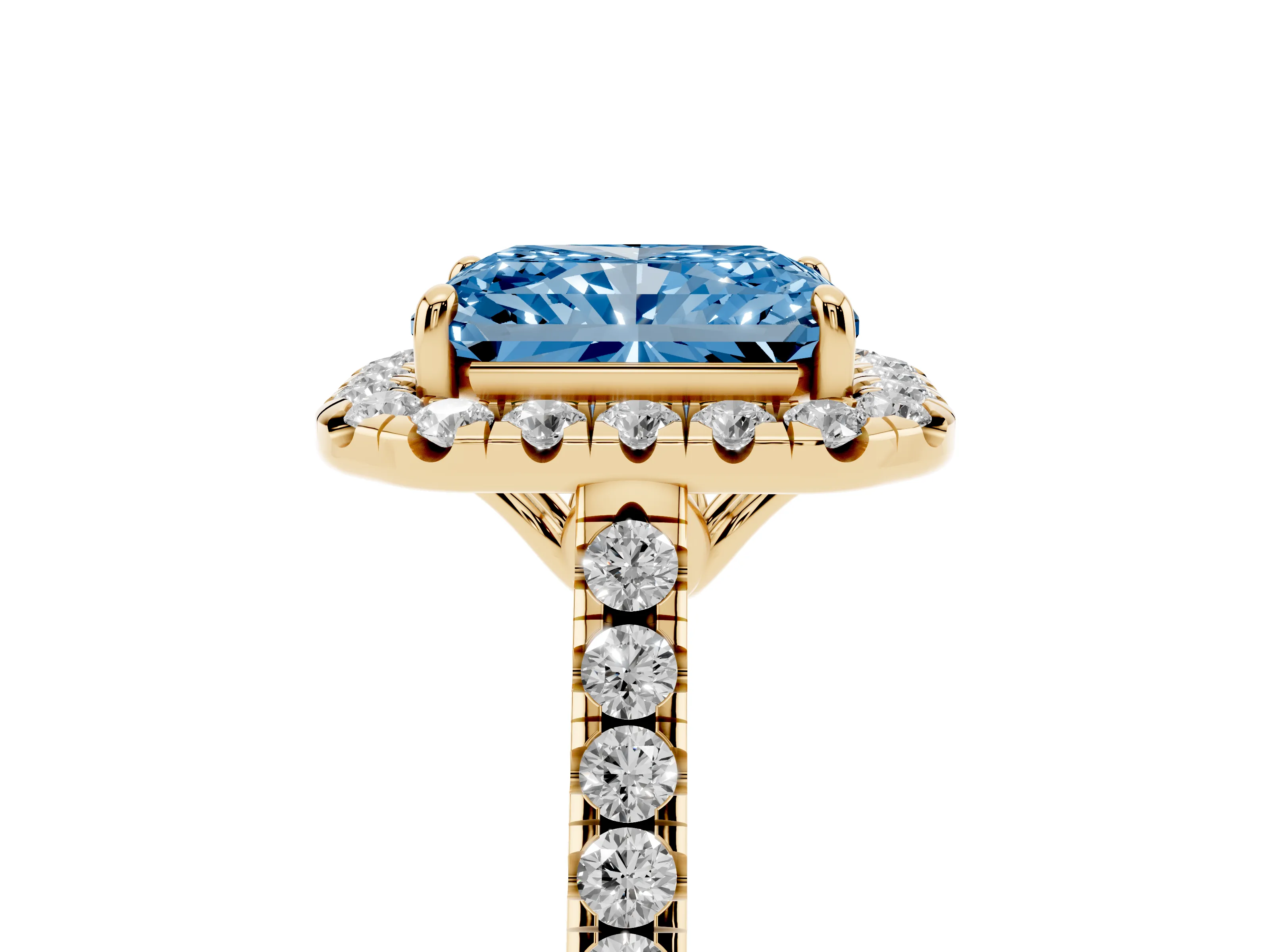 Fancy Blue Radiant Cut Diamond Pavé Halo Engagement Ring Set in Yellow gold with Pavé Band and Prong Setting