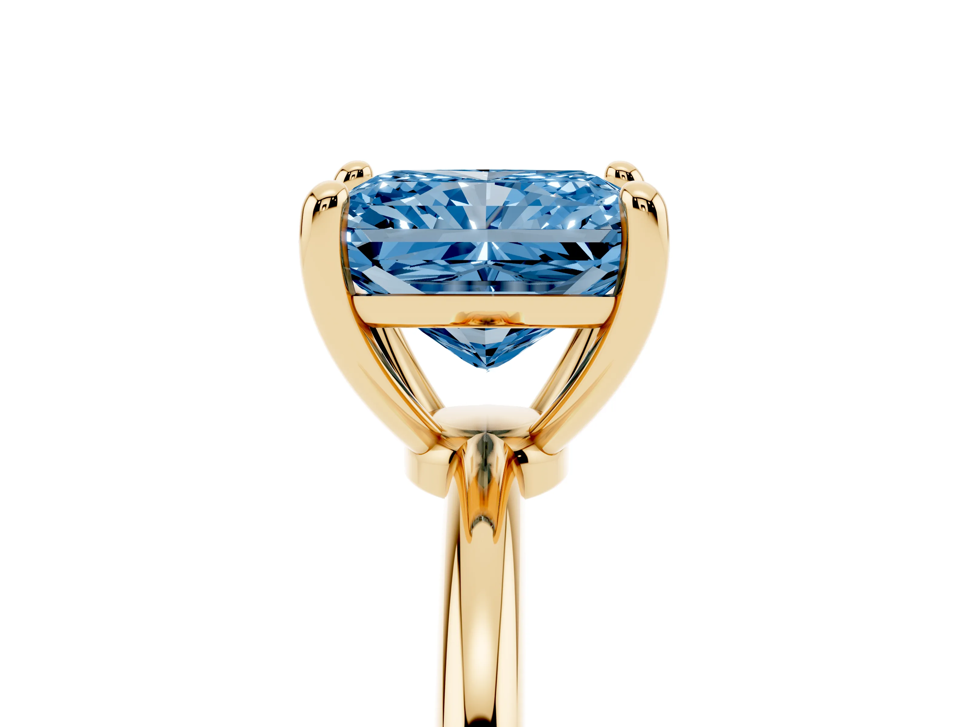 Fancy Blue Radiant Cut Diamond Solitaire Ring Set in Yellow gold with Secure Prong Setting on a Classic Band