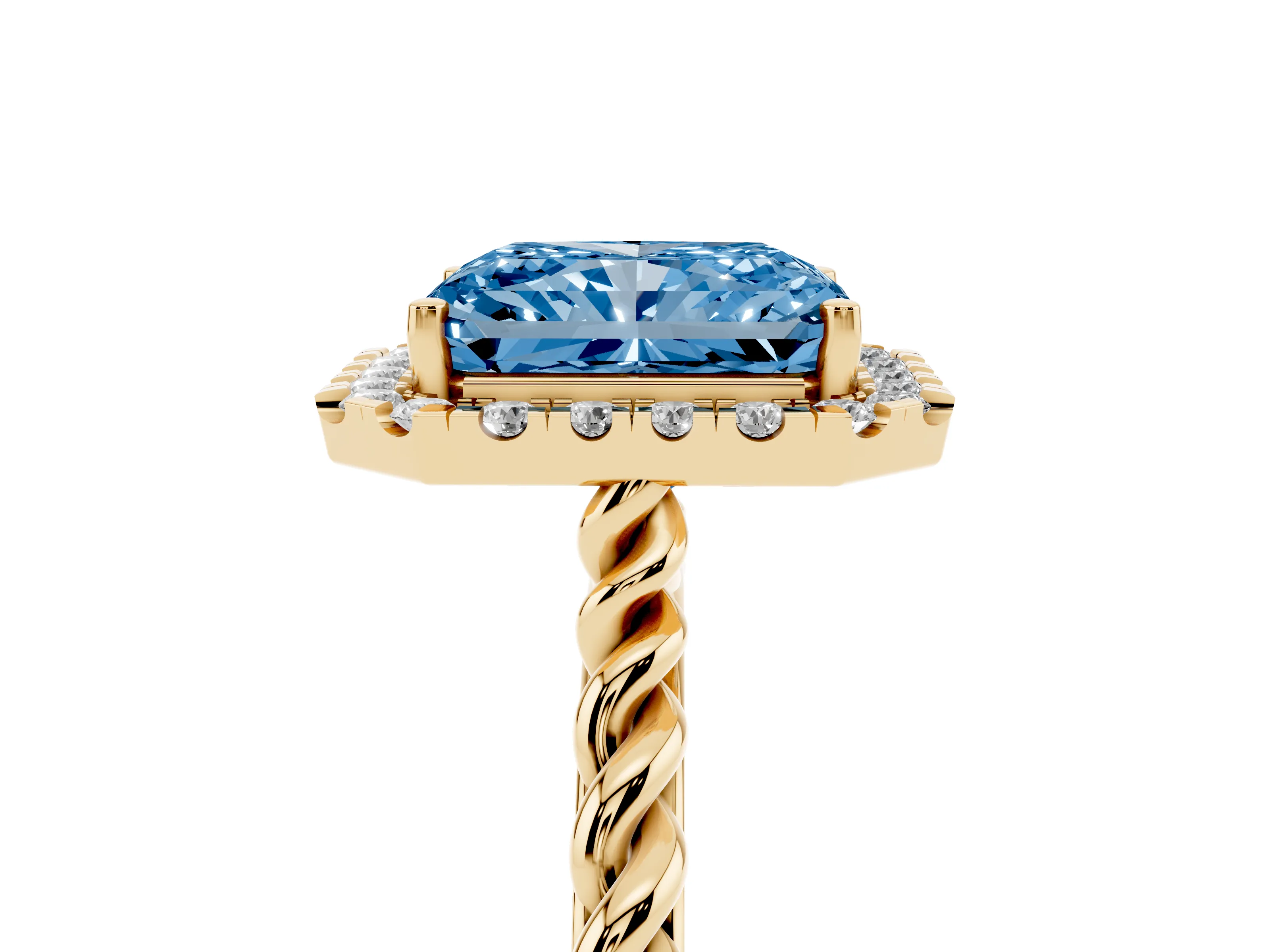 Fancy Blue Radiant Cut Diamond Halo Ring Set in Yellow gold with Plain Twisted Band
