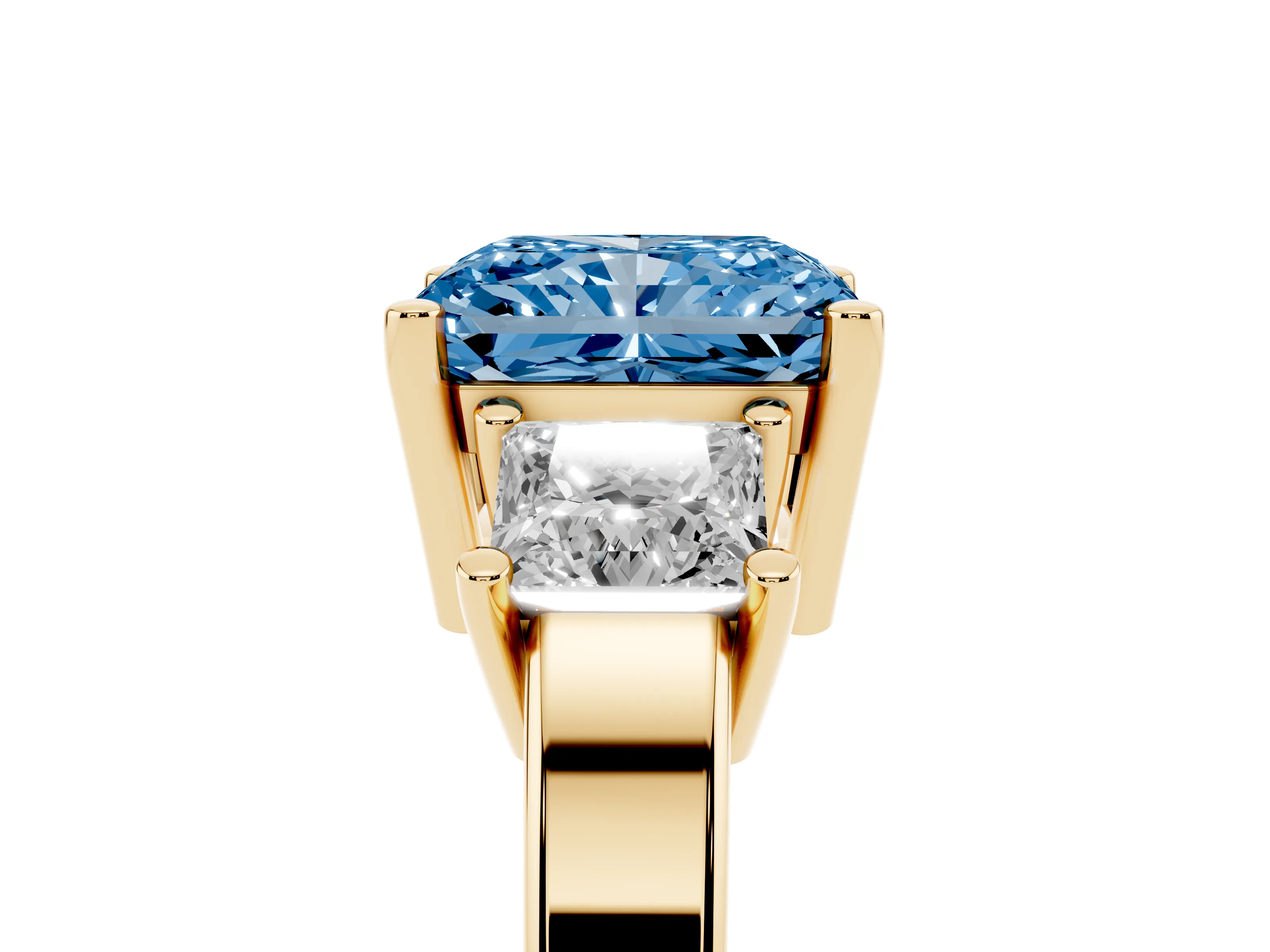 Fancy Blue Three-Stone Radiant Cut Diamond Solitaire Ring Set in Yellow gold with Prong Setting