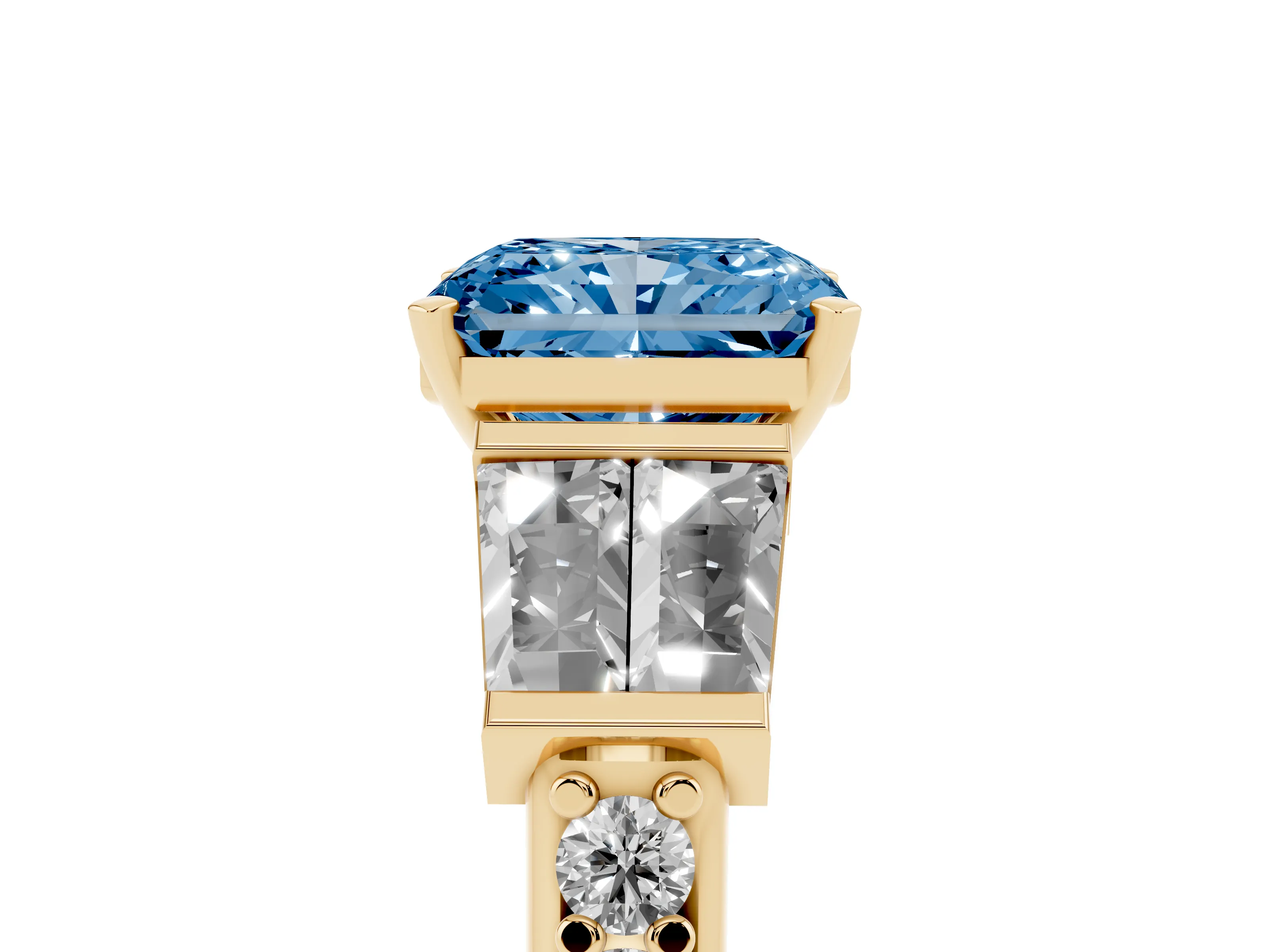 Fancy Blue Radiant Cut Diamond Engagement Ring Set in Yellow gold with Baguette Side Stones and Channel Set Band