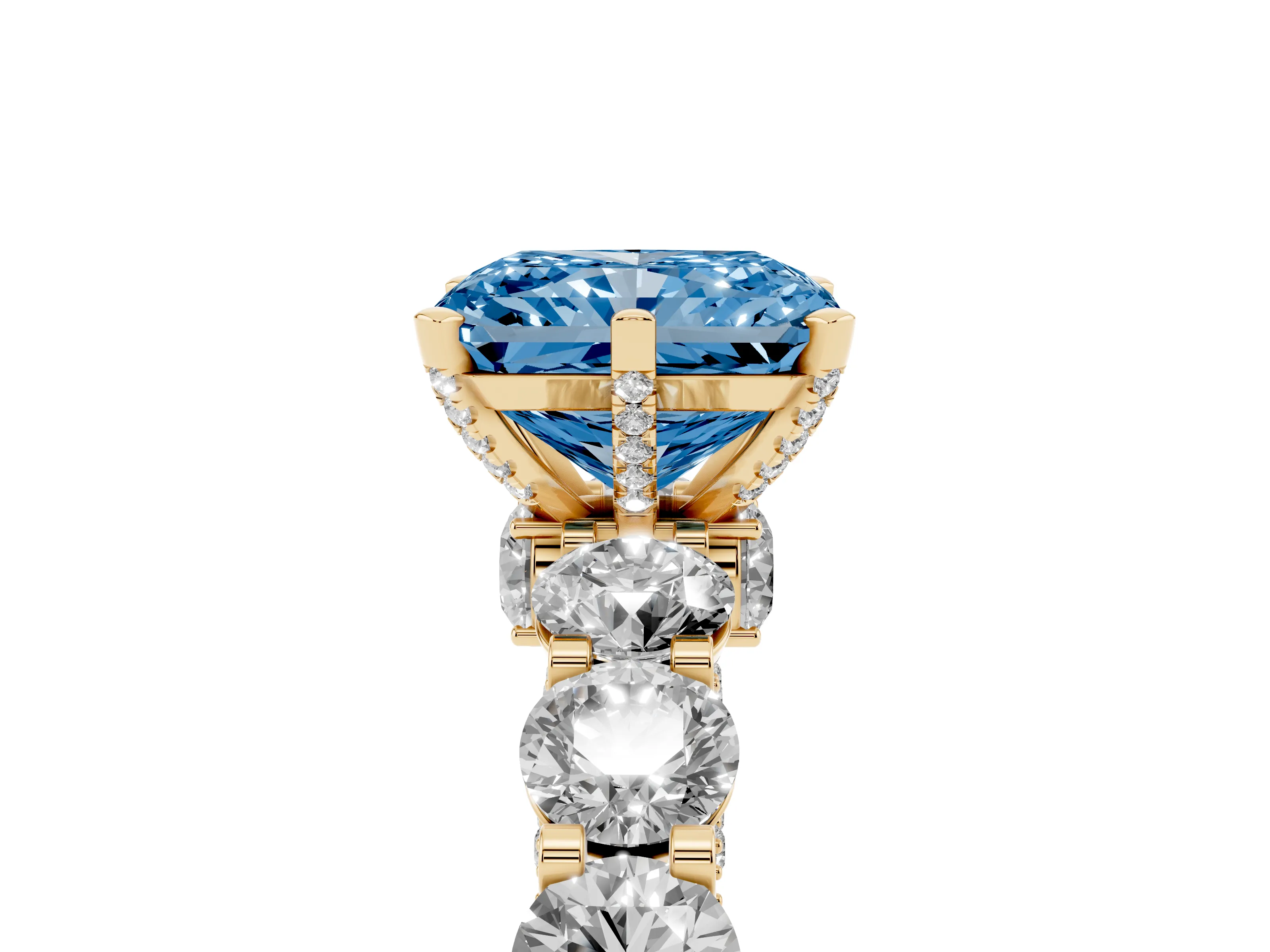 Fancy Blue Radiant Cut Diamond Side Stone Ring Set in Yellow gold with Alternating Round and Oval Side Stones