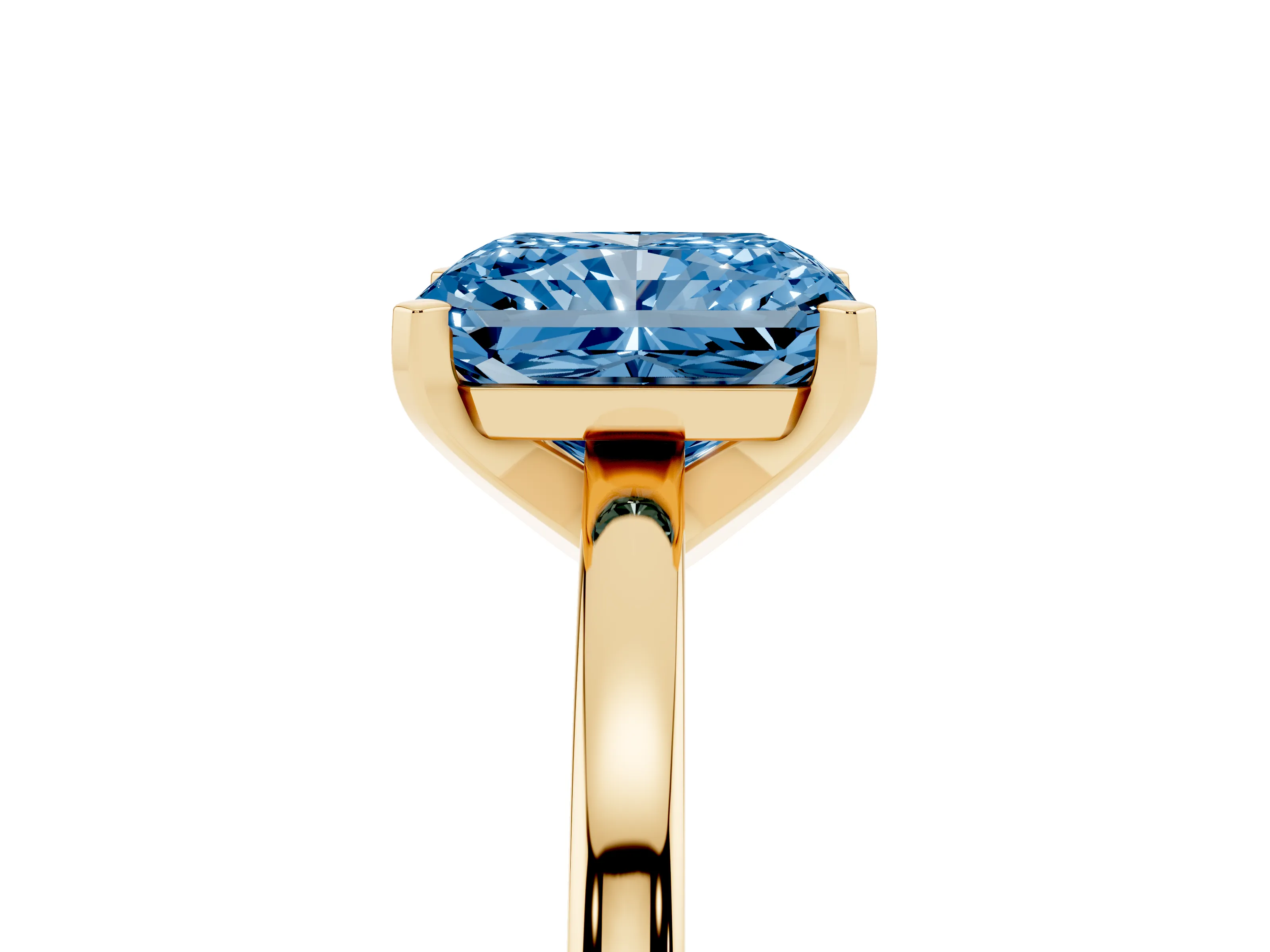 Fancy Blue Radiant Cut Diamond Solitaire Engagement Ring Set in Yellow gold with Prong Setting on a Classic Band