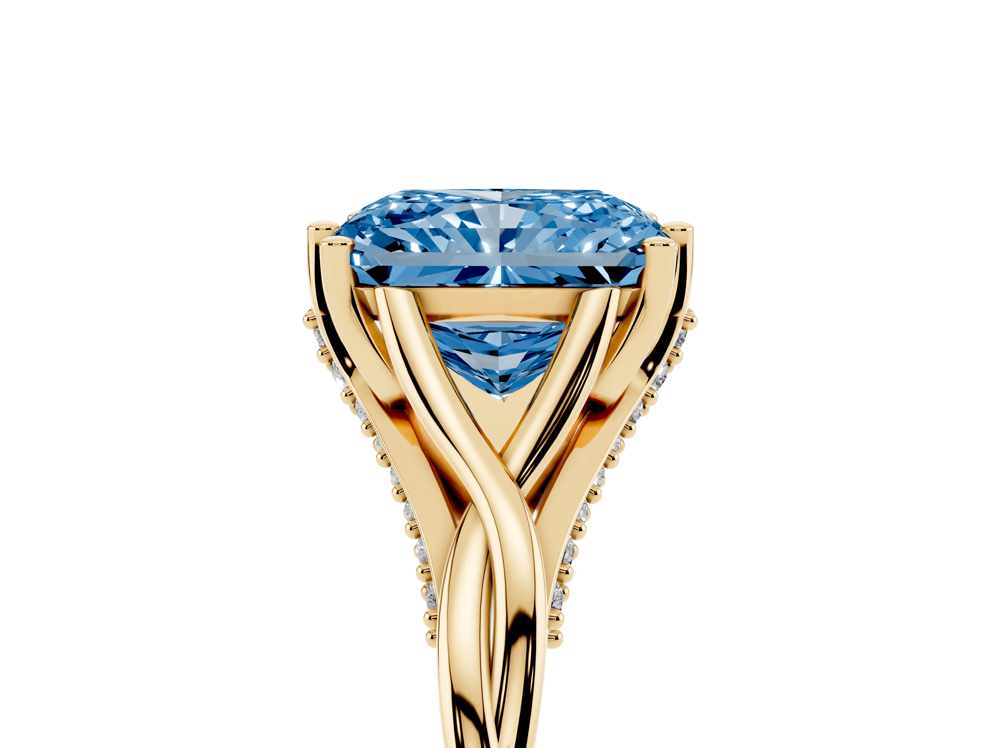 Fancy Blue Radiant Cut Diamond Intertwined Twist Band Solitaire Ring Set in Yellow gold with Prong Setting