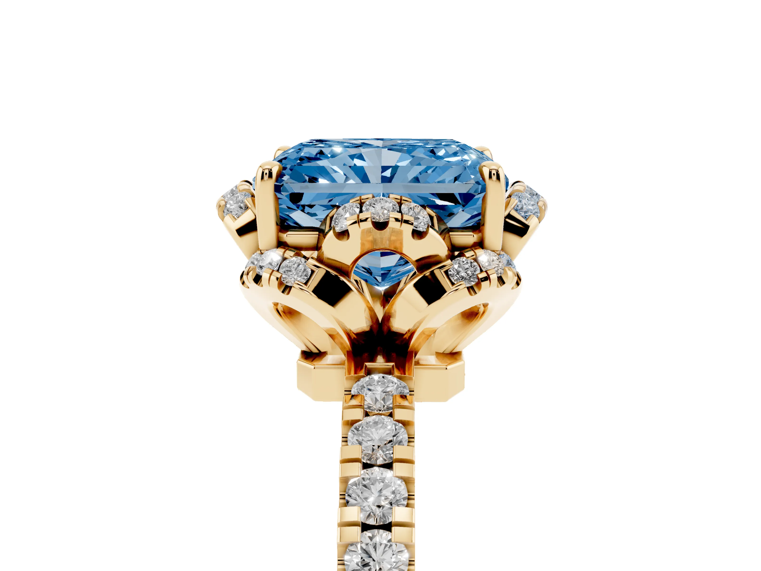 Fancy Blue Radiant Cut Diamond Halo Pavé Band Ring Set in Yellow gold with Prong-Held Center