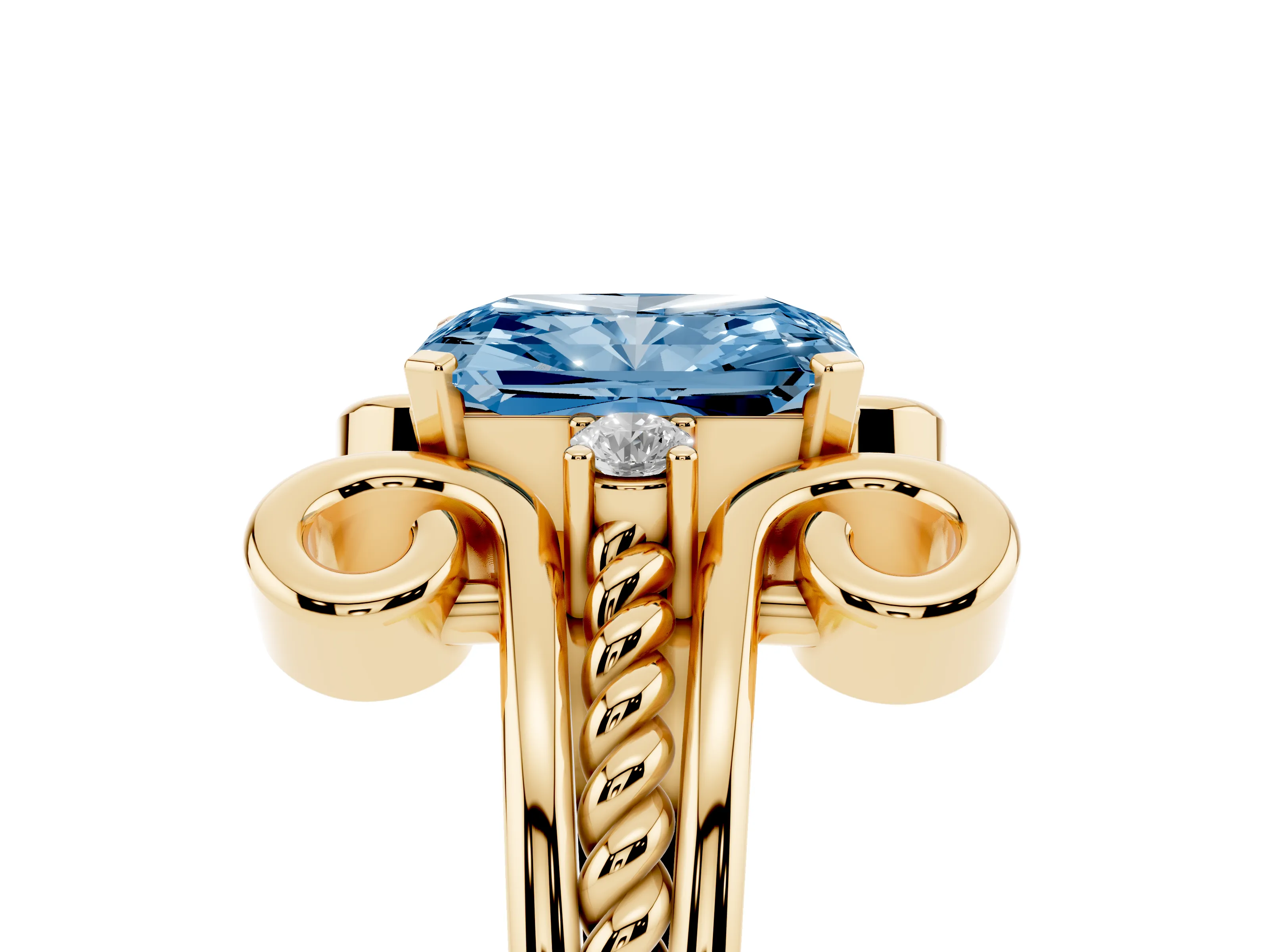 Fancy Blue Radiant Cut Diamond Twisted Band Solitaire Ring Set in Yellow gold with Scroll Prongs
