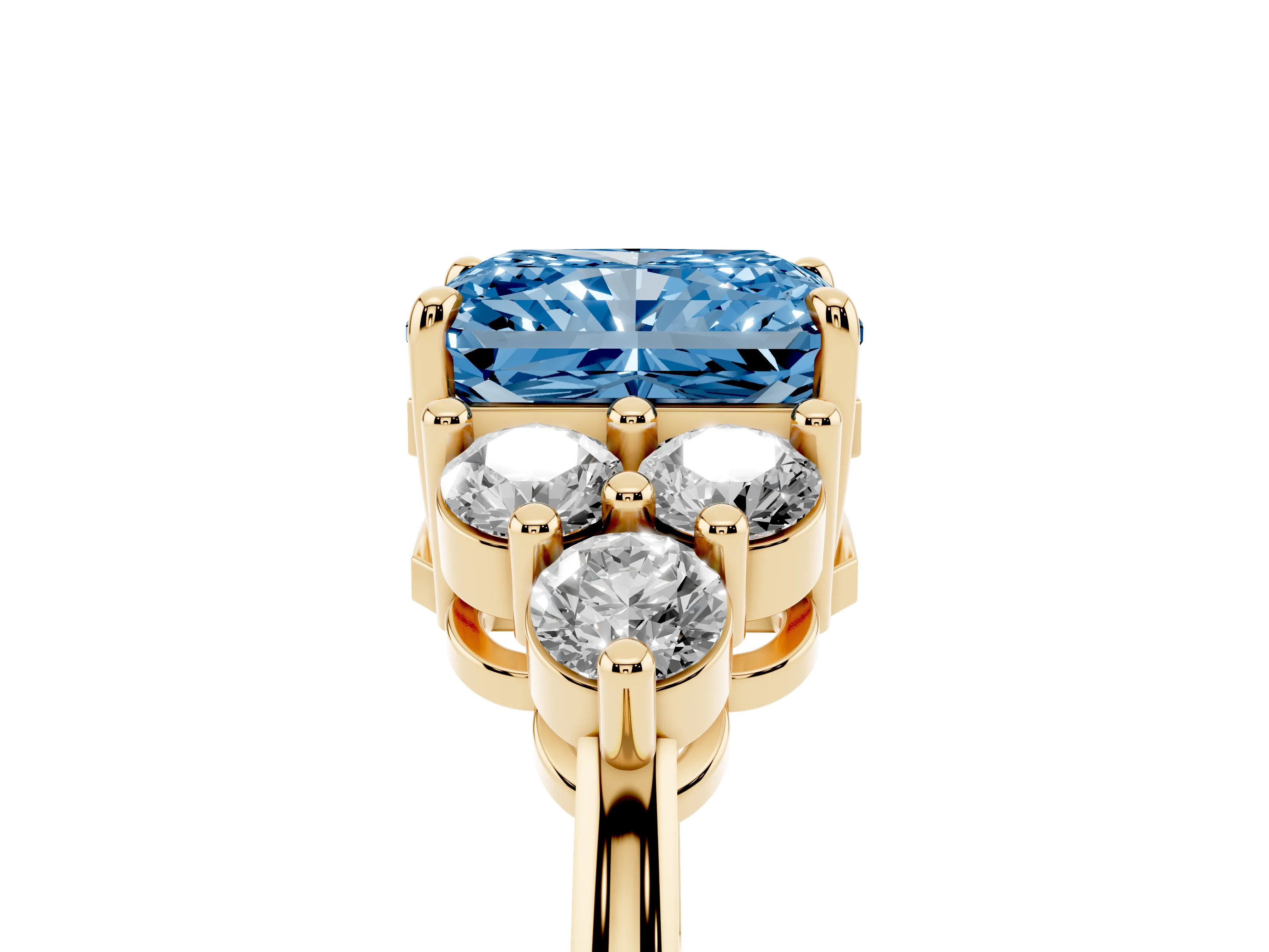 Fancy Blue Radiant Cut Diamond Solitaire Ring Set in Yellow gold with Cluster Accents on Each Side