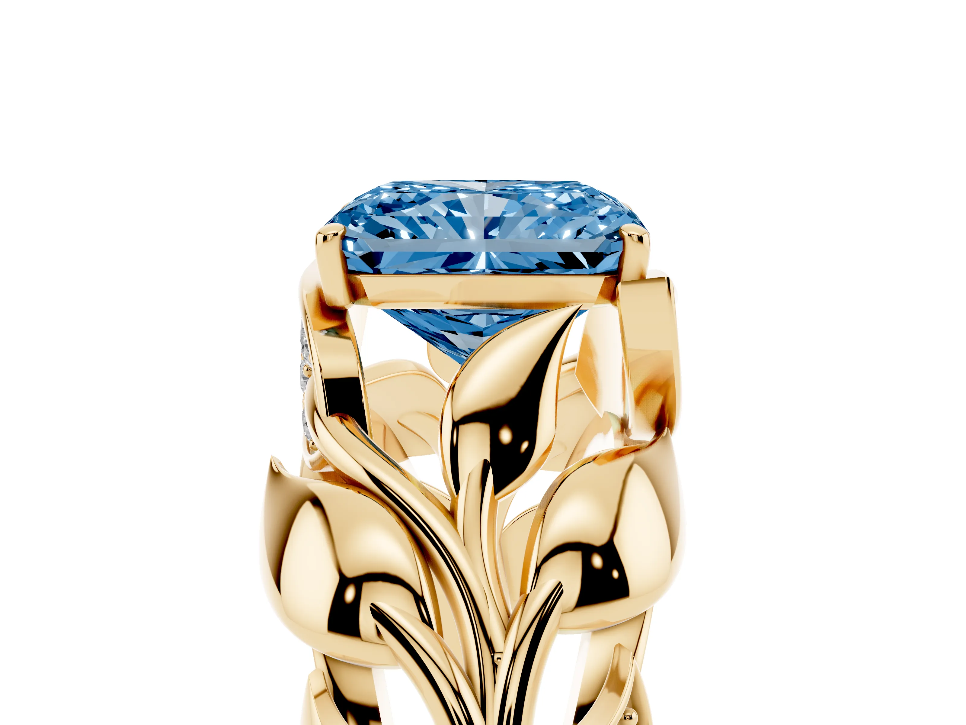 Fancy Blue Radiant Cut Diamond Leaf-Inspired Engagement Ring Set in Yellow gold with Round Accents