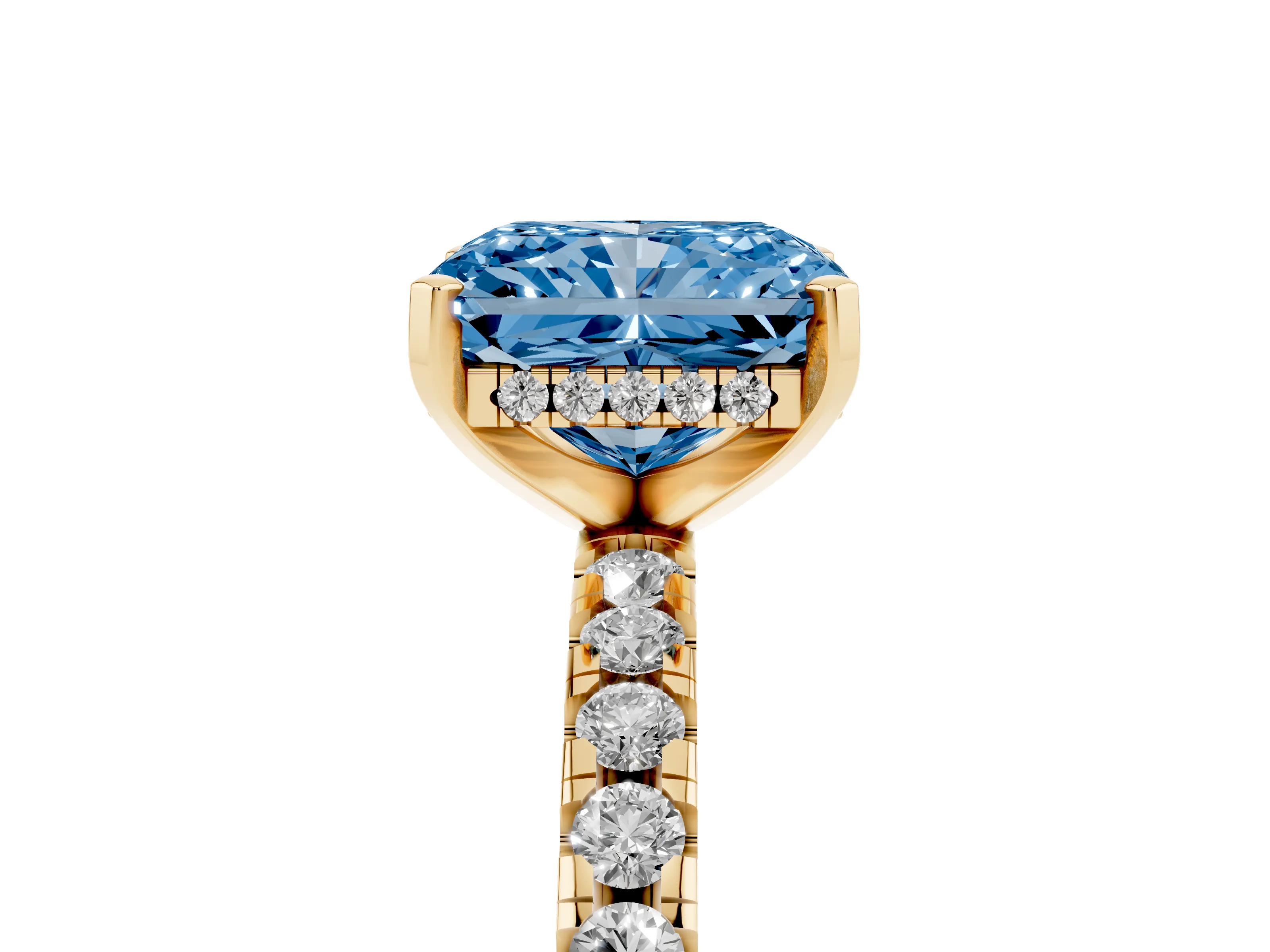 Fancy Blue Radiant Cut Diamond Pavé Solitaire Ring Set in Yellow gold with Round Band Accents and Prong Setting