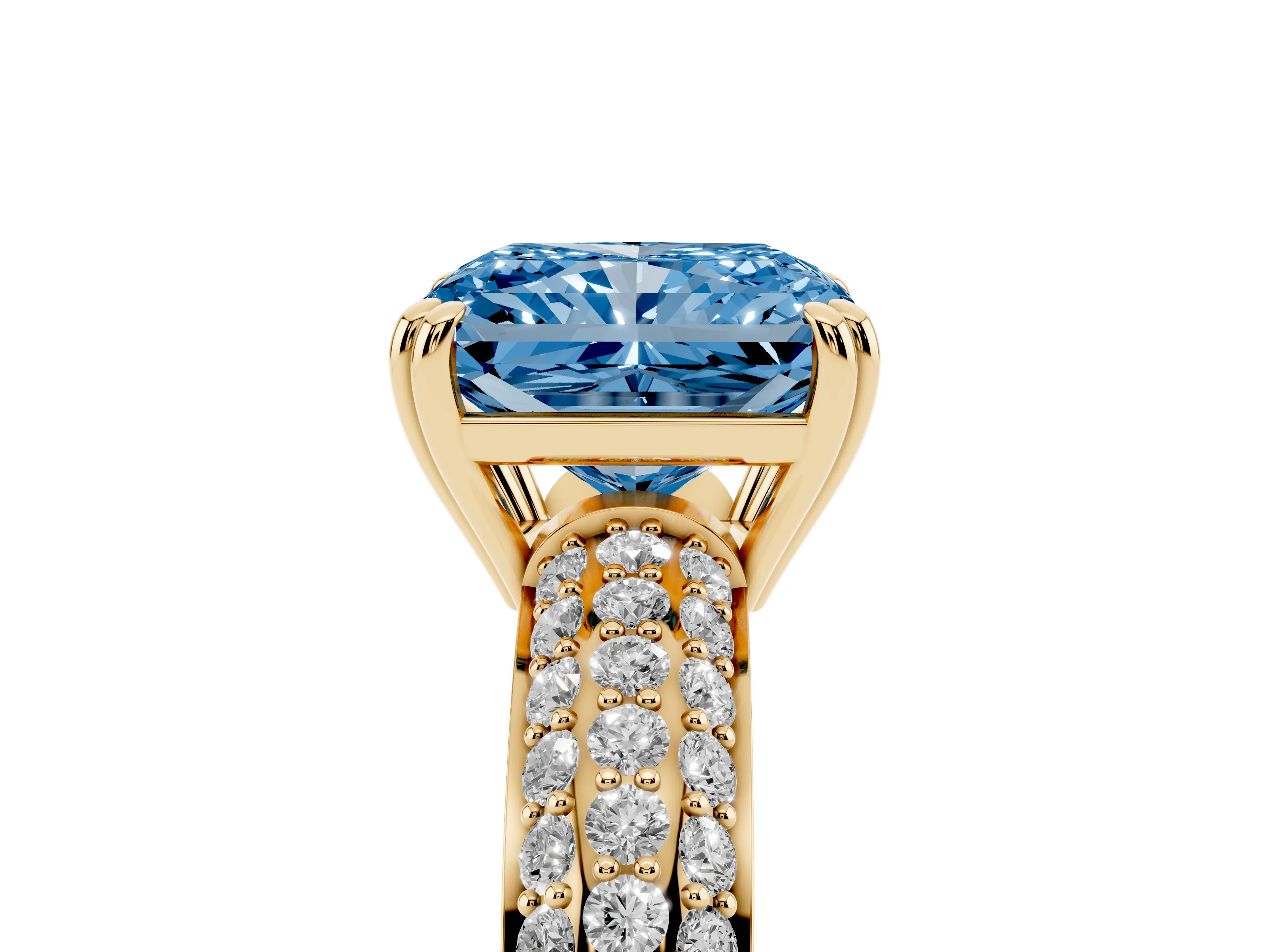 Fancy Blue Radiant Cut Diamond Solitaire Ring Set in Yellow gold with Multi-Row Round Pavé Band and Prong Setting