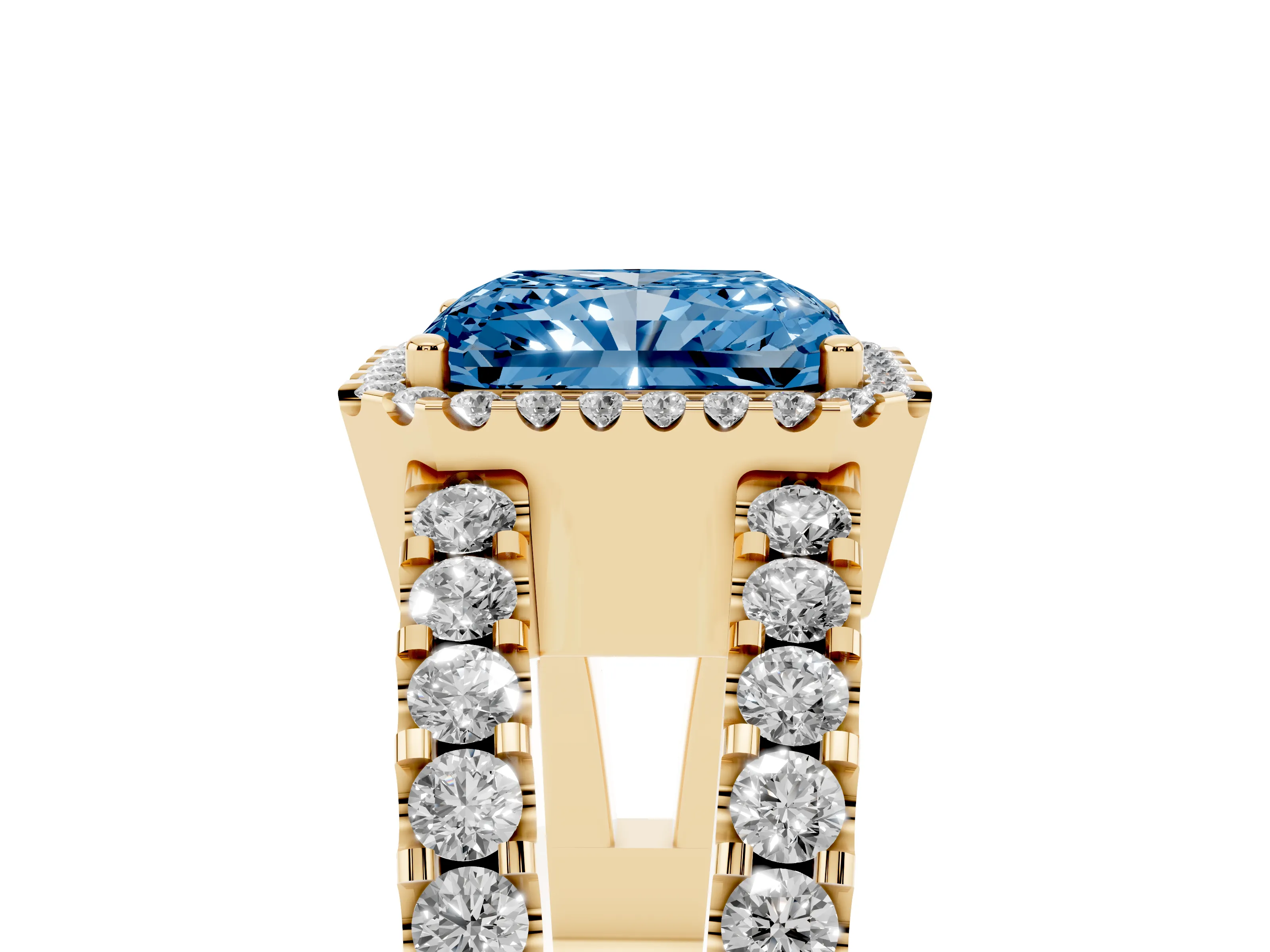 Fancy Blue Radiant Cut Diamond Halo Ring Set in Yellow gold with Pavé Split Shank and Prong Setting