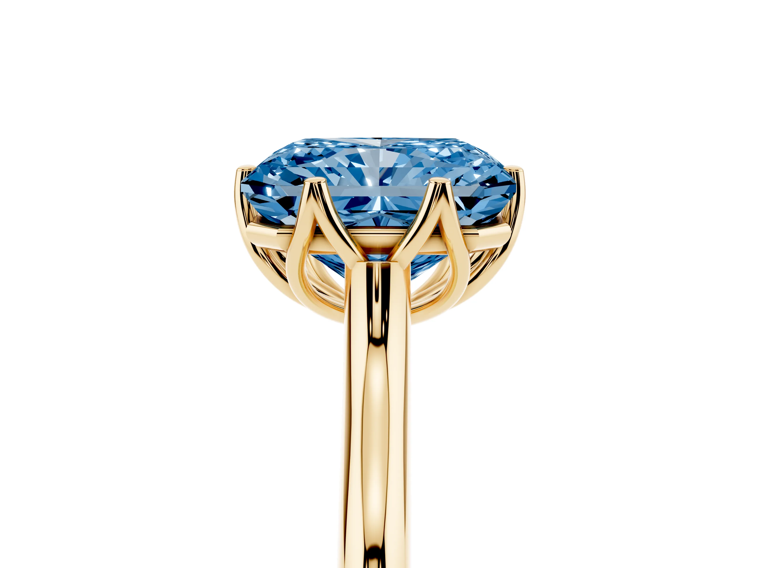 Fancy Blue Radiant Cut Diamond Solitaire Cathedral Ring Set in Yellow gold with Prong Setting