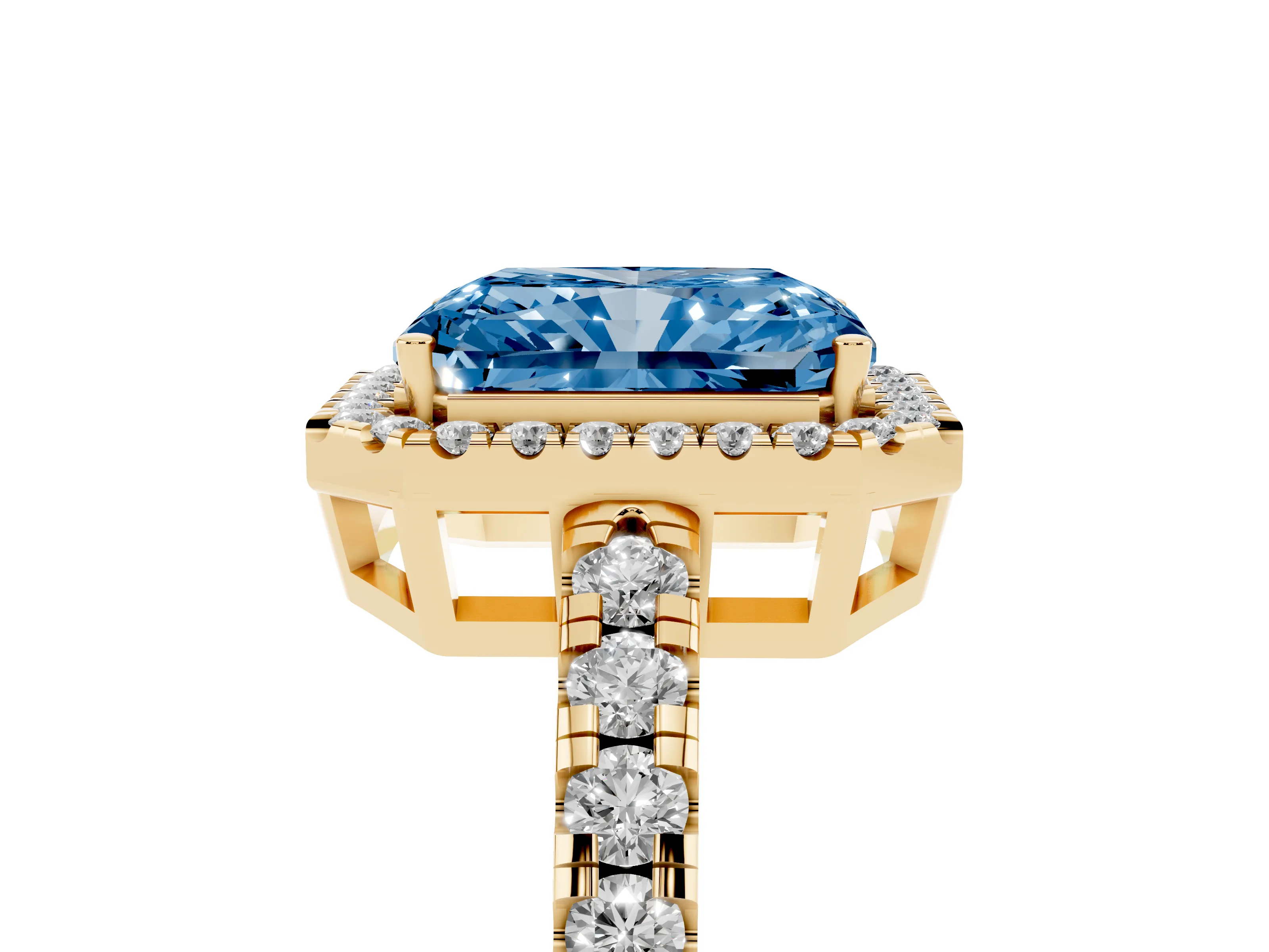 Fancy Blue Radiant Cut Diamond Halo Ring Set in Yellow gold with Delicate Pavé Band and Prong Setting