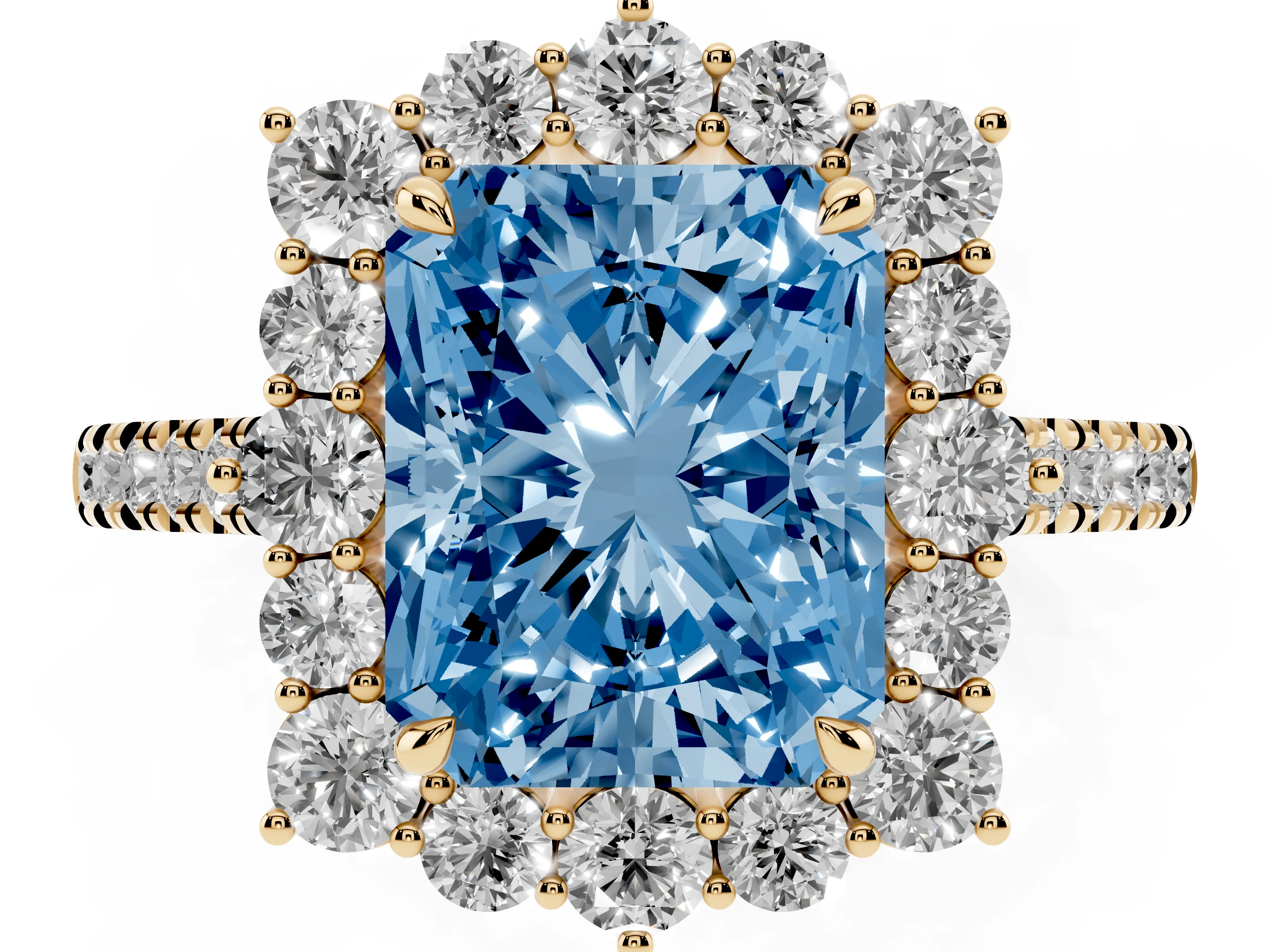 Fancy Blue Radiant Cut Diamond Halo Ring Set in Yellow gold with Pavé Band and Prong Setting