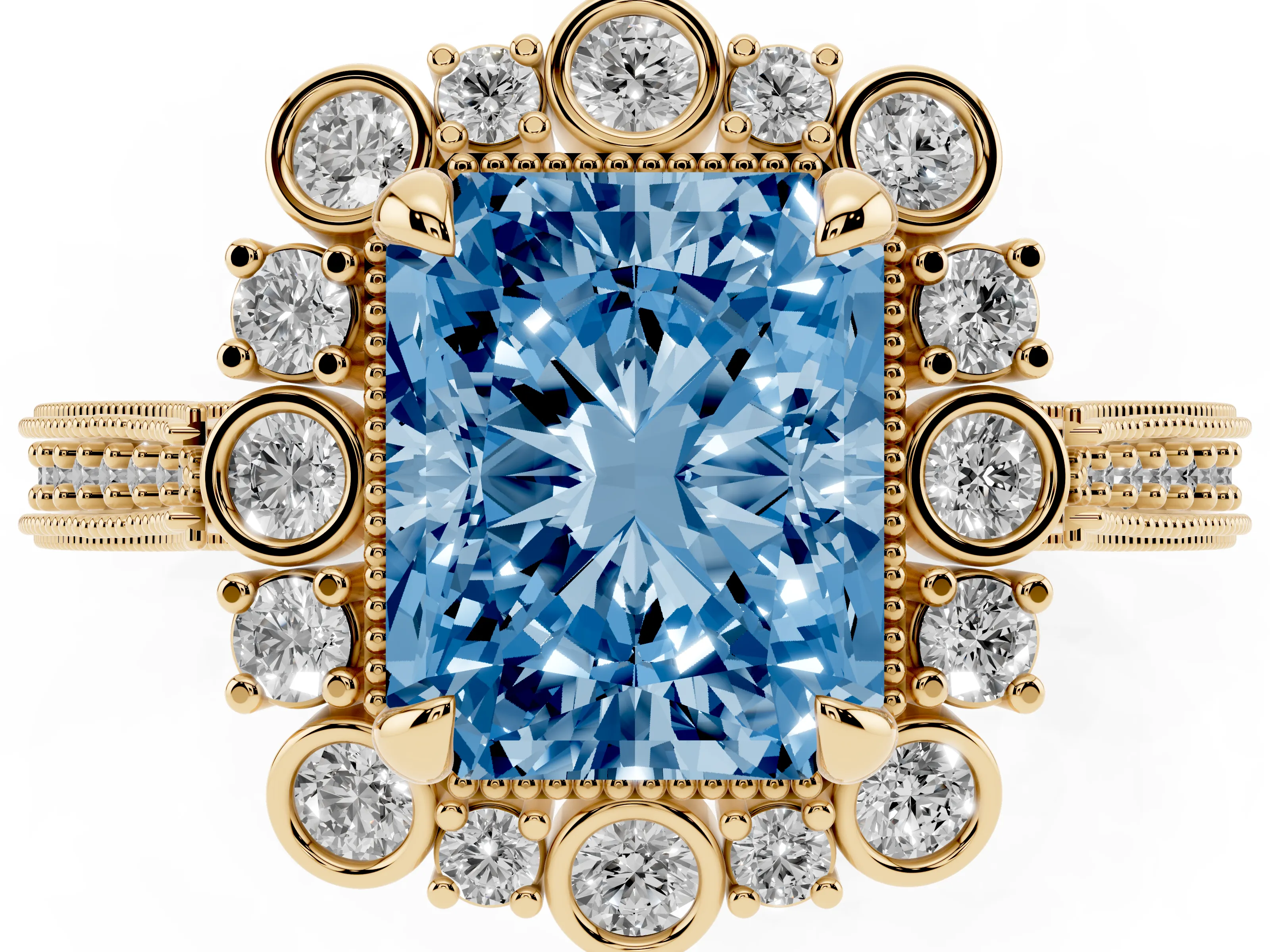 Fancy Blue Radiant Cut Diamond Halo Milgrain Pavé Ring Set in Yellow gold with Prong Setting