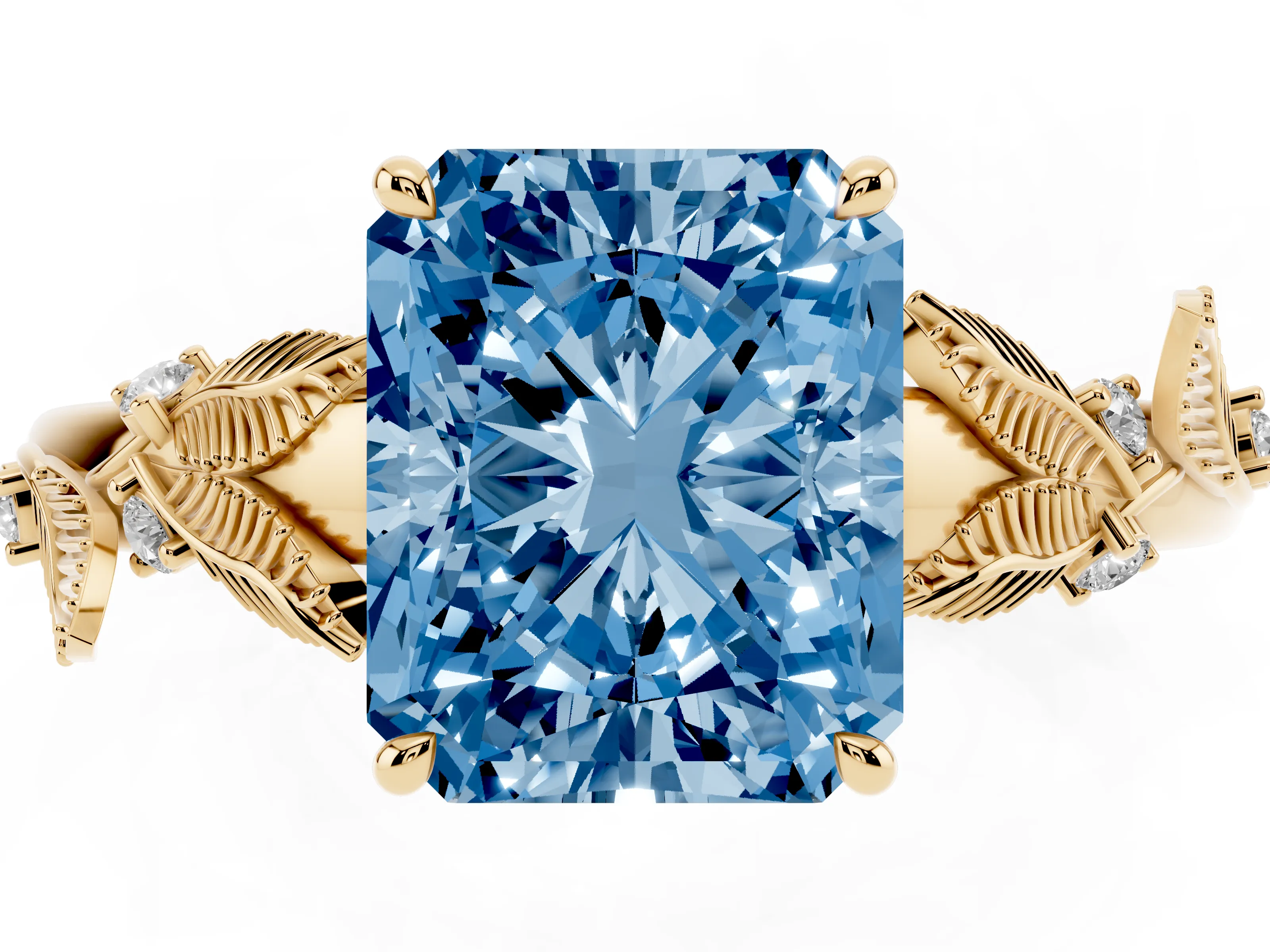 Fancy Blue Radiant Cut Diamond Solitaire Ring Set in Yellow gold with Leaf Motif Band