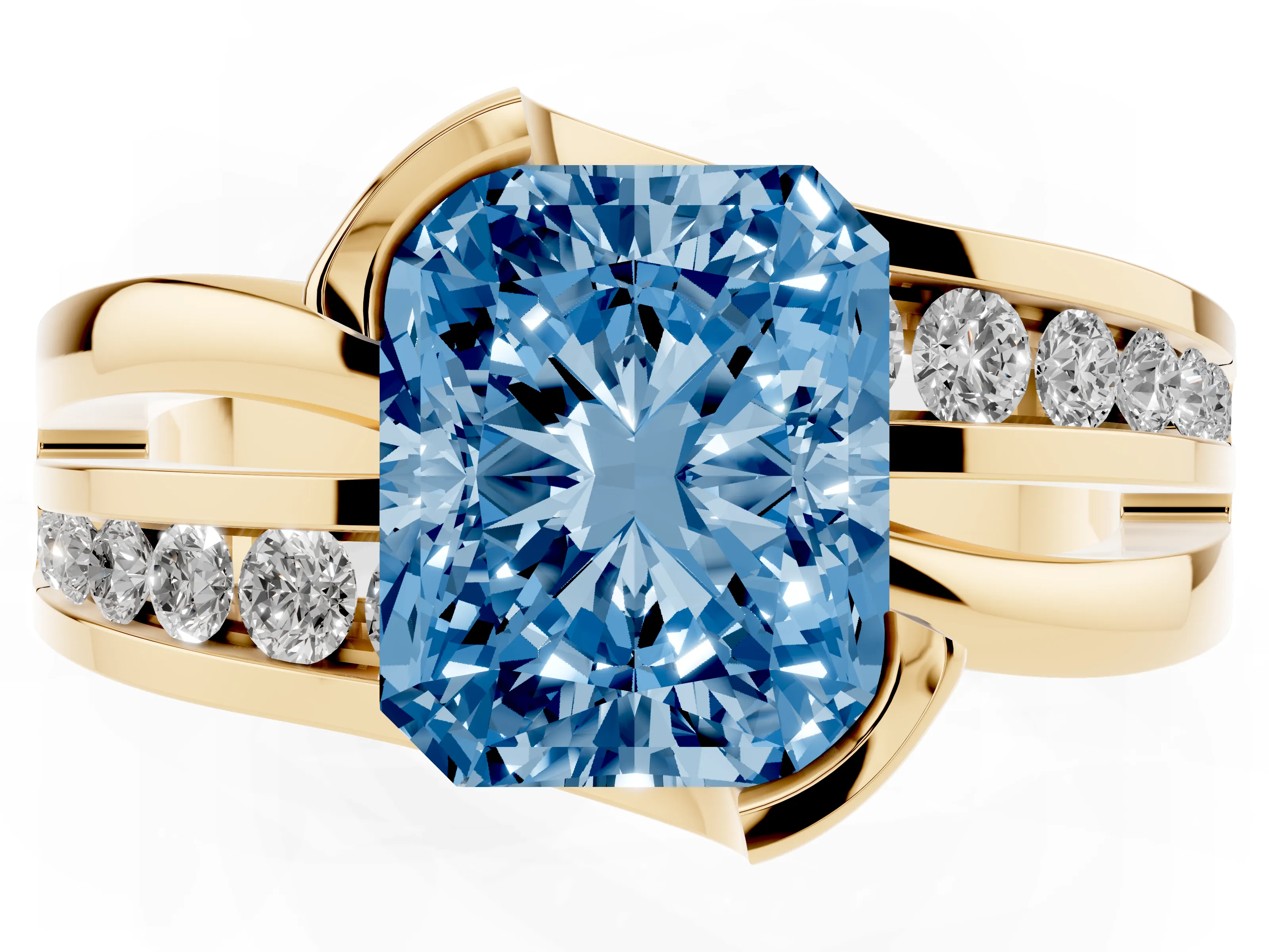 Fancy Blue Radiant Cut Diamond Solitaire Ring Set in Yellow gold with Channel Set Split Shank and Tension Prongs