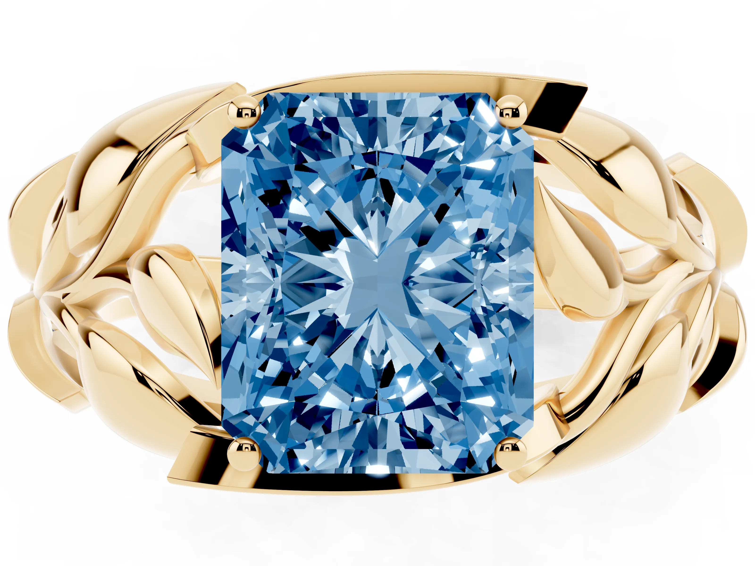 Fancy Blue Radiant Cut Diamond Leaf-Inspired Engagement Ring Set in Yellow gold with Round Accents