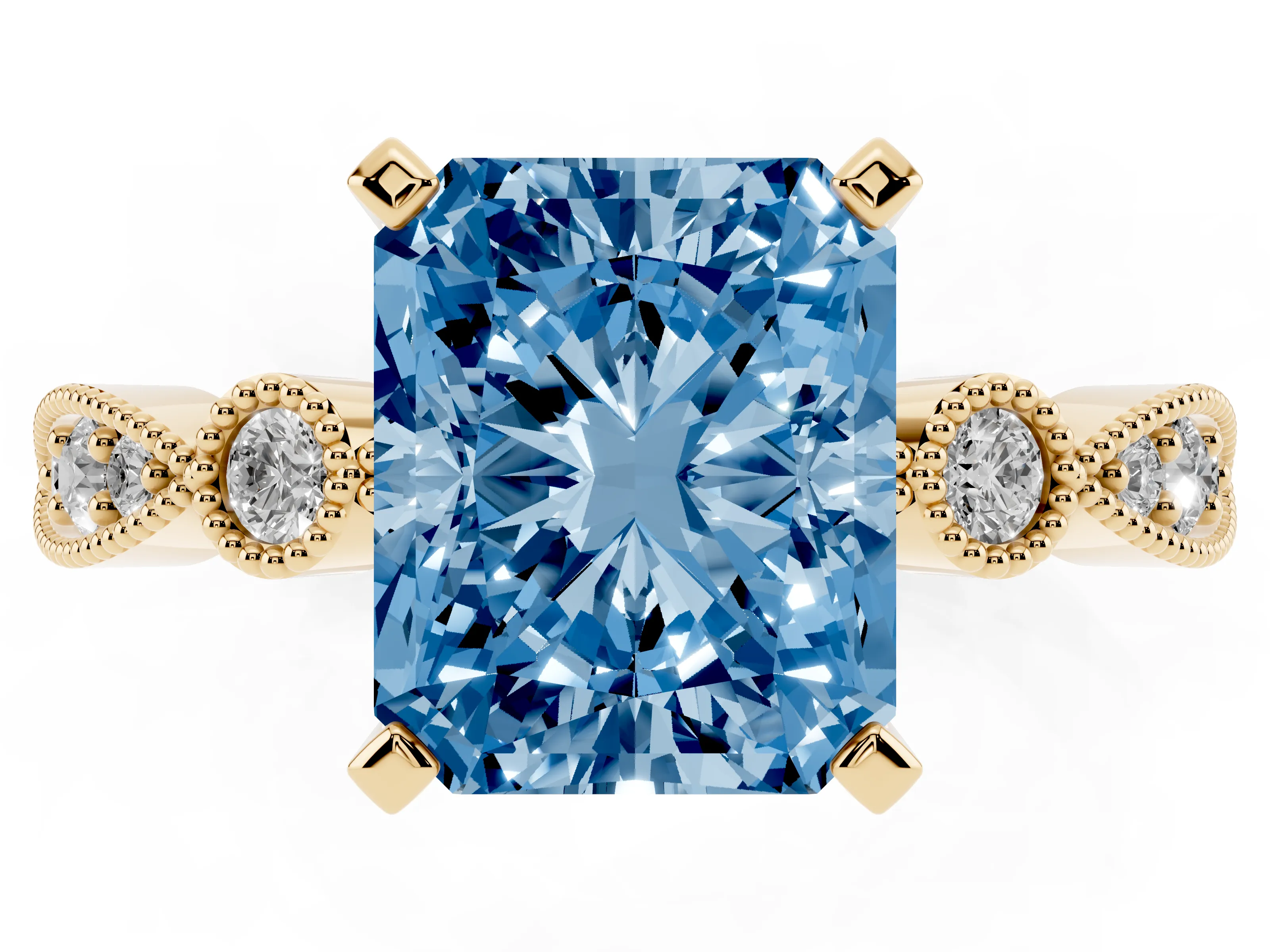 Fancy Blue Radiant Cut Diamond Solitaire Engagement Ring Set in Yellow gold with Milgrain Bezel Accent Band